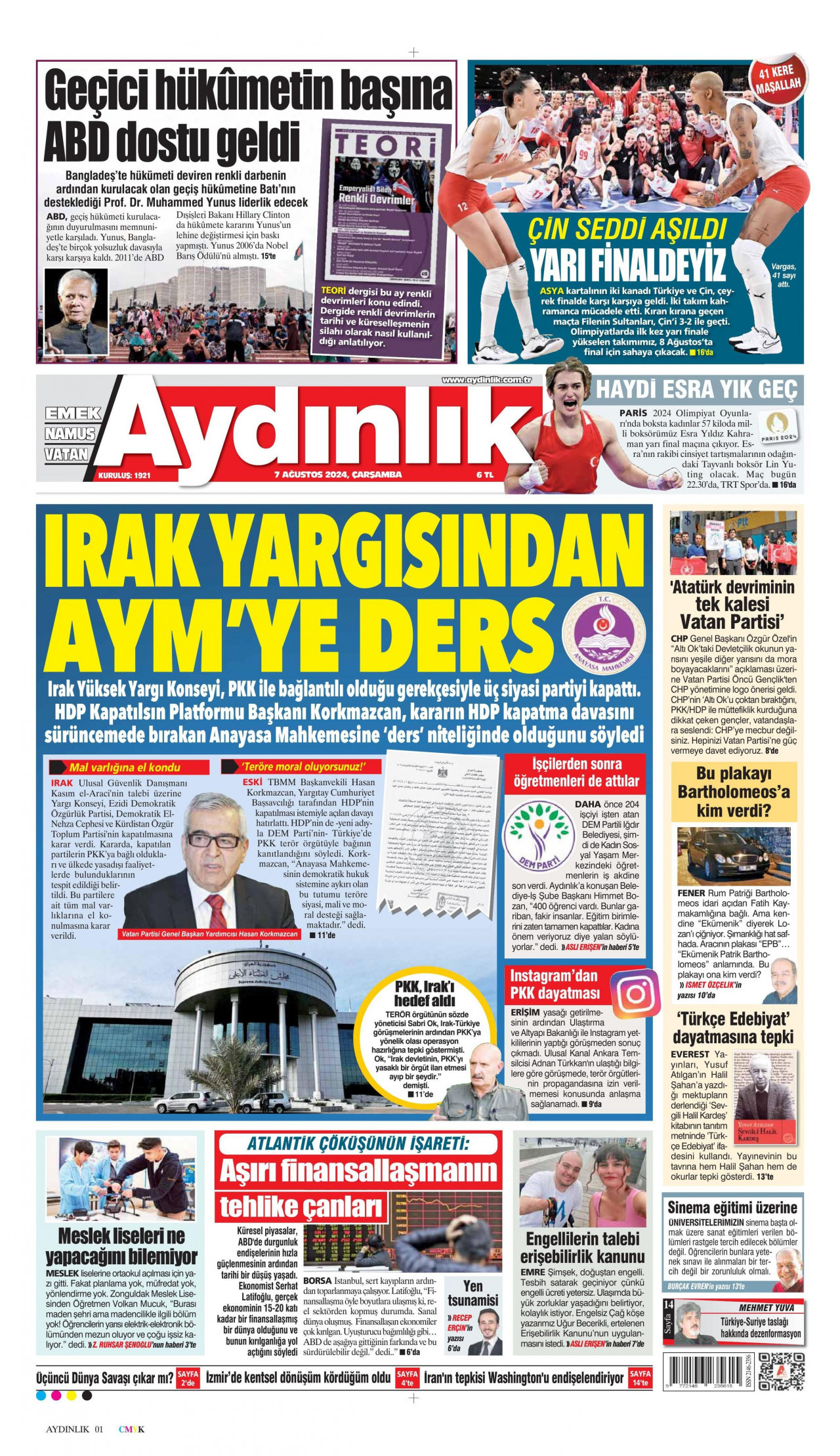 AYDINLIK GAZETESİ gazetesinin 7 Ağustos 2024 tarihli birinci sayfası