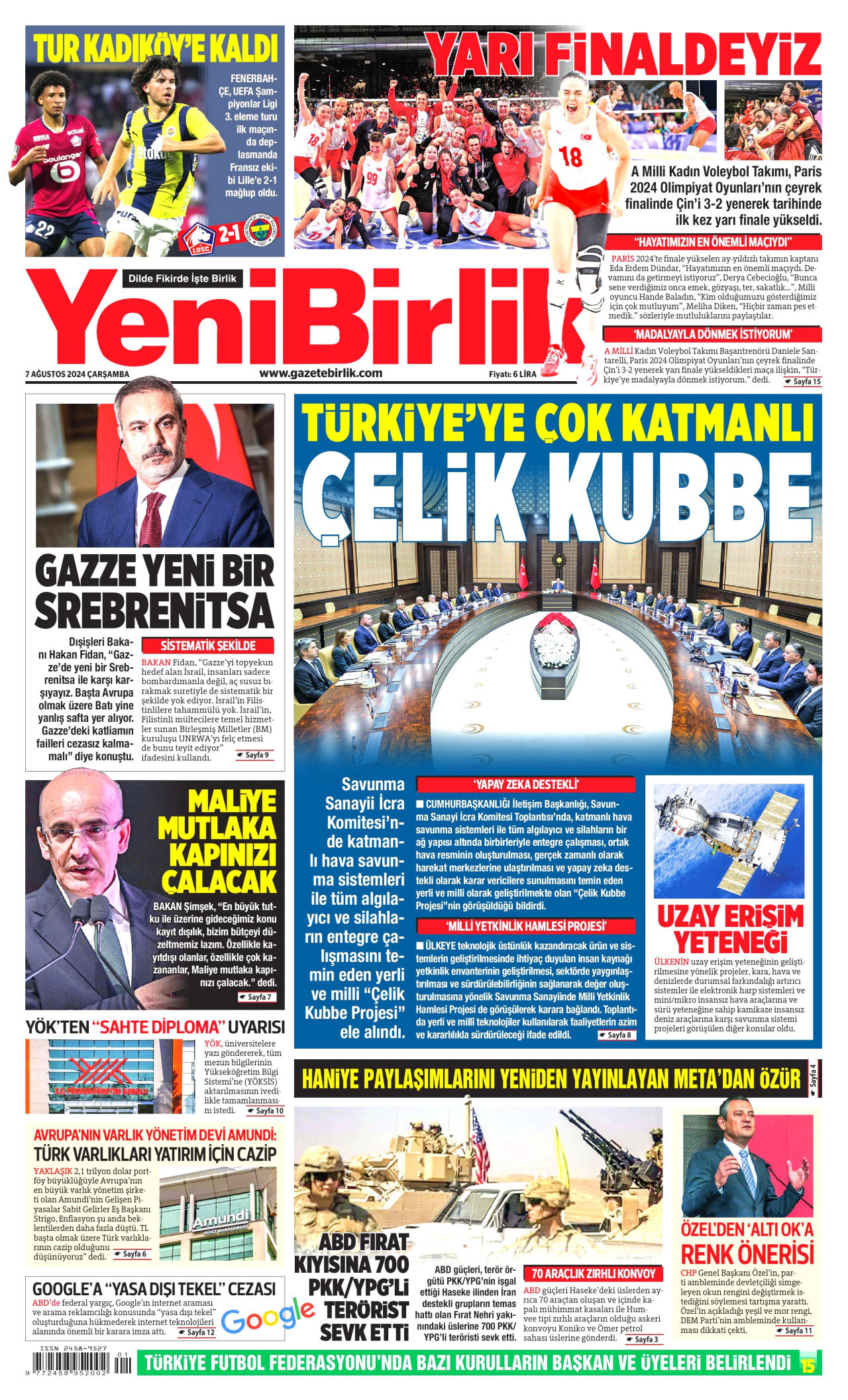 YENİBİRLİK gazetesinin 7 Ağustos 2024 tarihli birinci sayfası