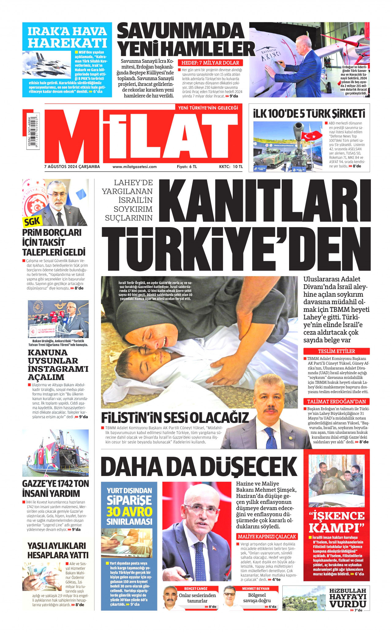 MİLAT gazetesinin 7 Ağustos 2024 tarihli birinci sayfası