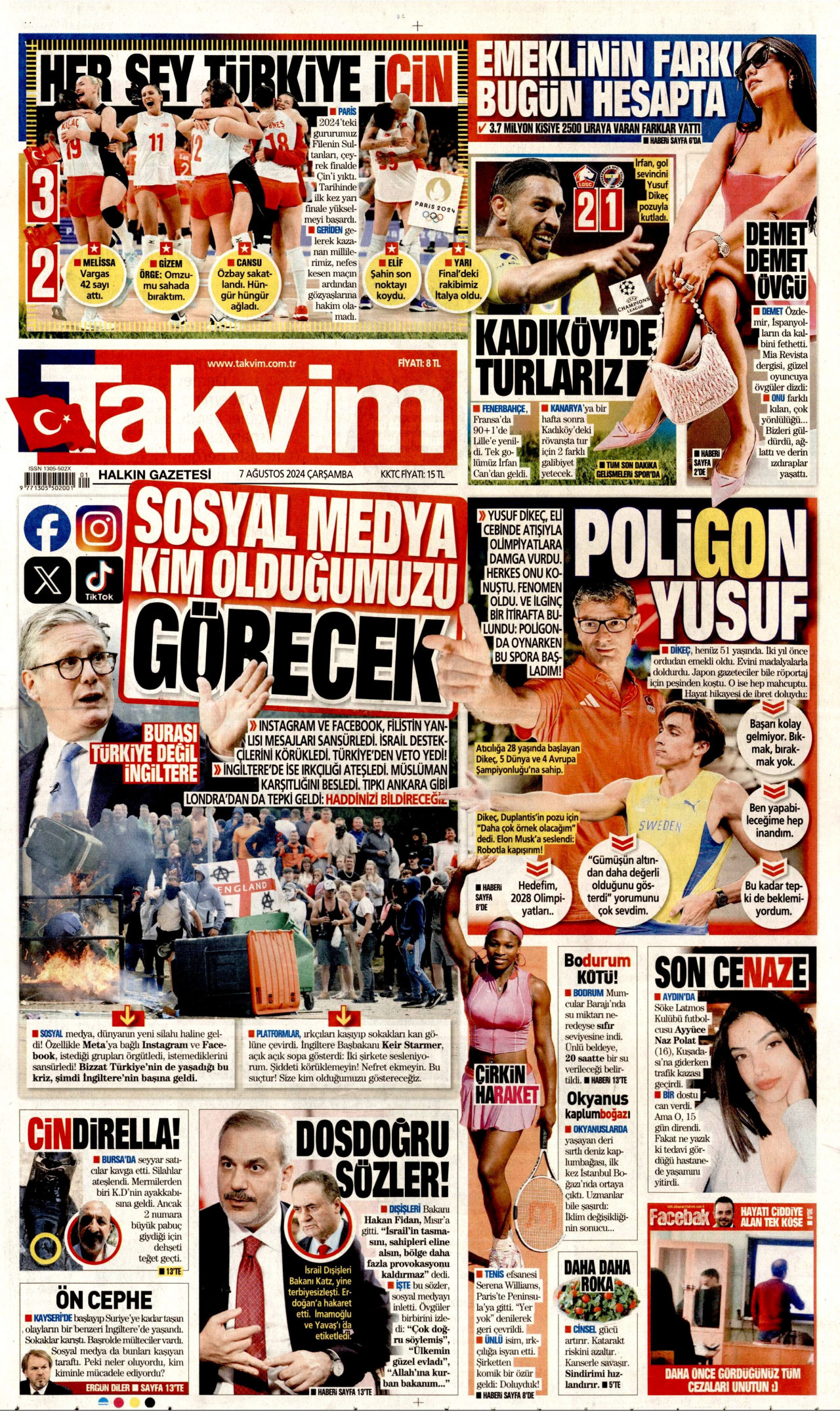 TAKVİM gazetesinin 7 Ağustos 2024 tarihli birinci sayfası