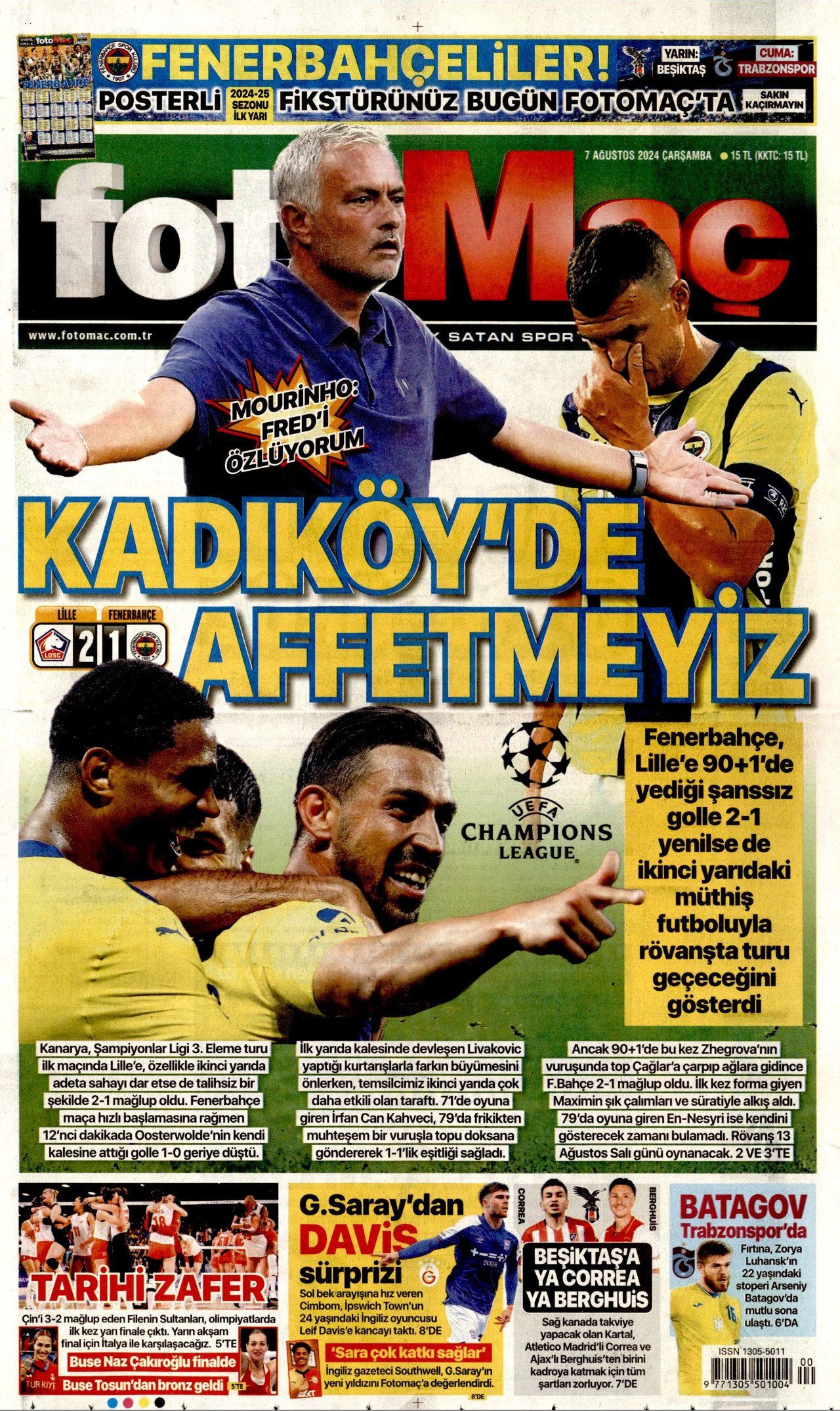 FOTOMAÇ gazetesinin 7 Ağustos 2024 tarihli birinci sayfası