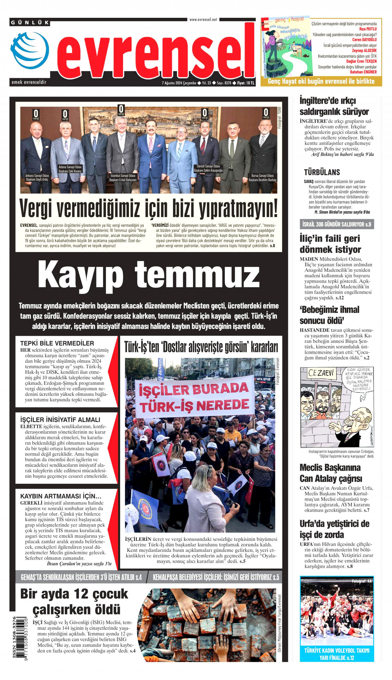 EVRENSEL gazetesinin 7 Ağustos 2024 tarihli birinci sayfası