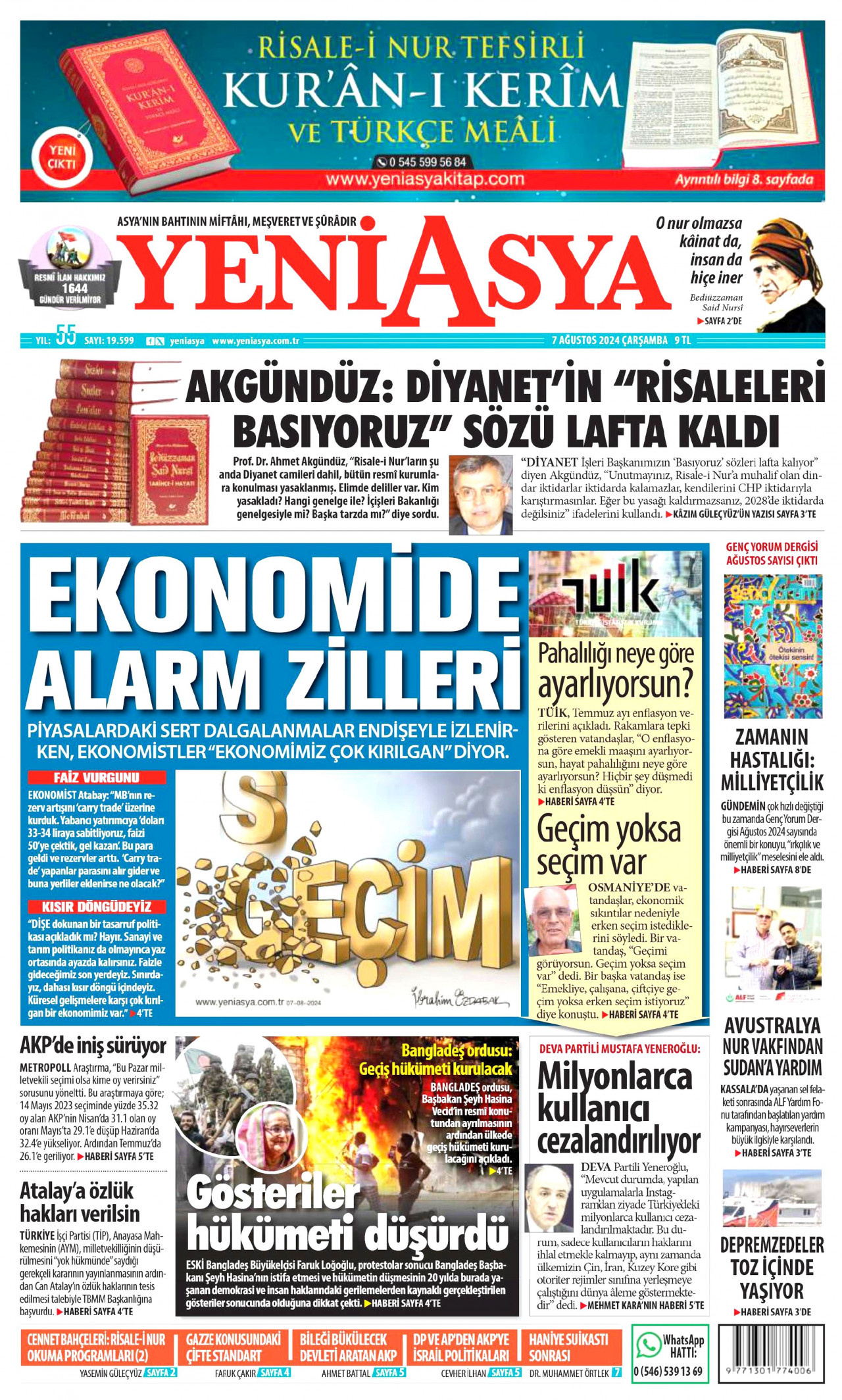 YENİ ASYA gazetesinin 7 Ağustos 2024 tarihli birinci sayfası