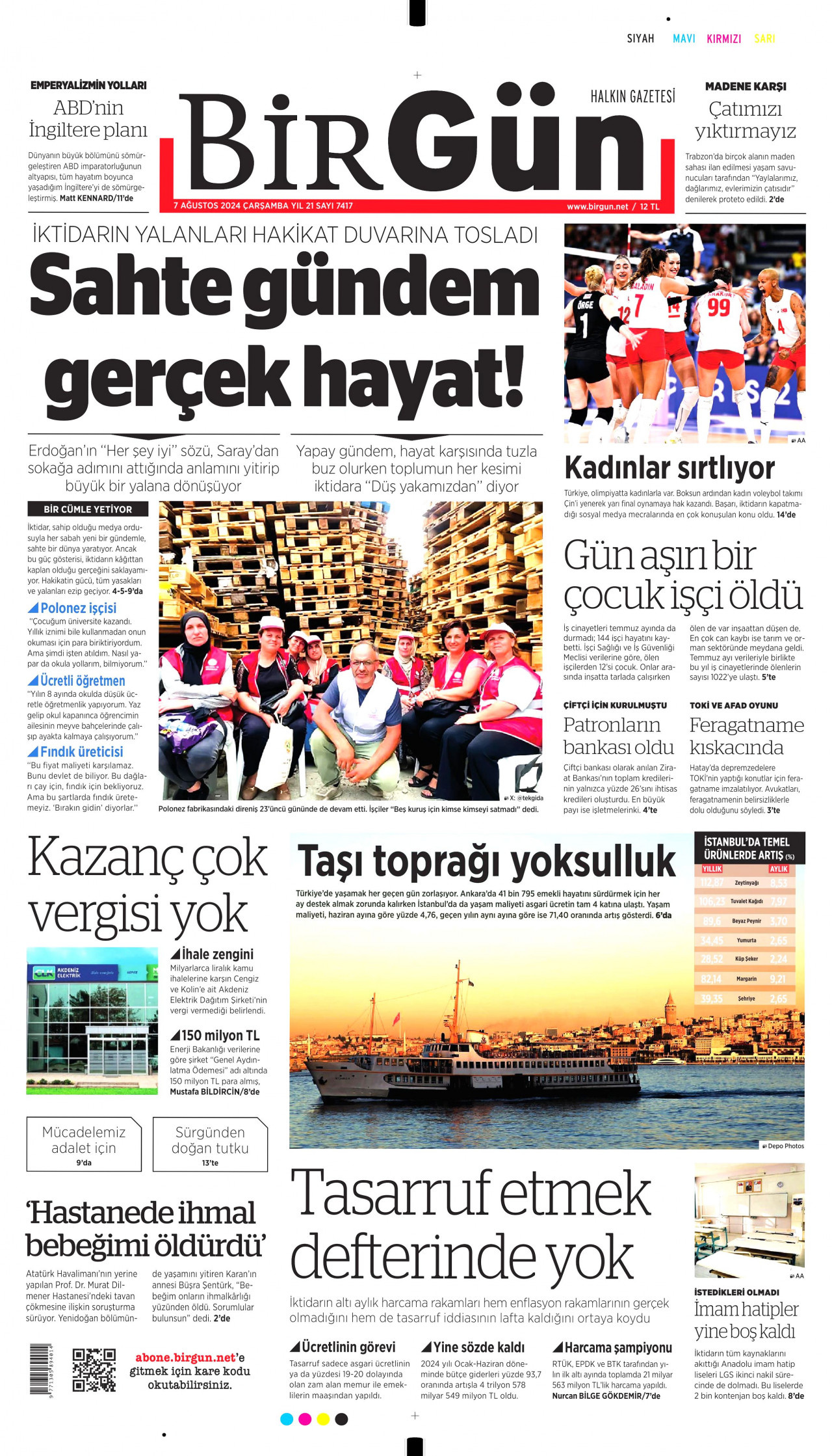 BİRGÜN gazetesinin 7 Ağustos 2024 tarihli birinci sayfası