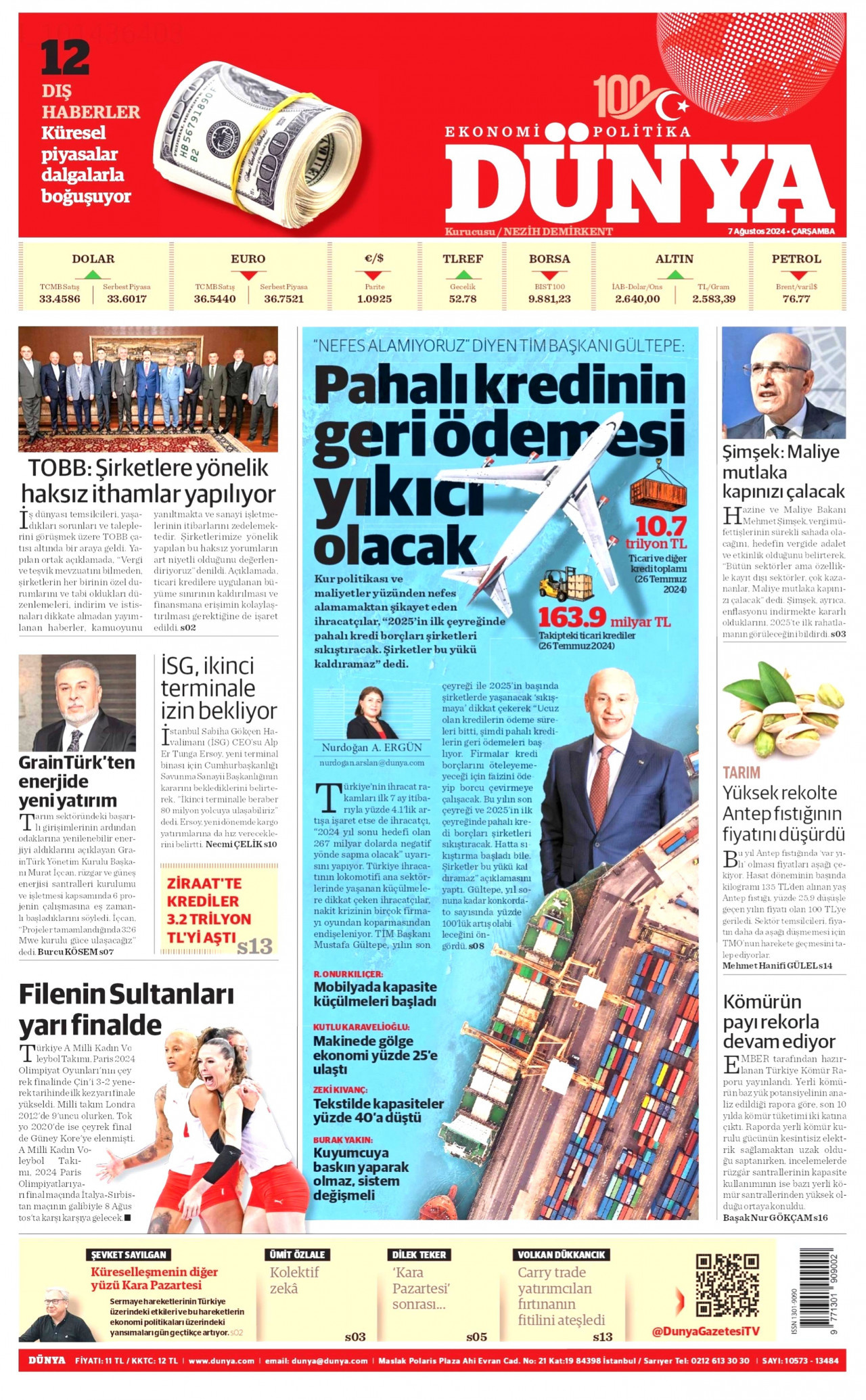 DÜNYA gazetesinin 7 Ağustos 2024 tarihli birinci sayfası