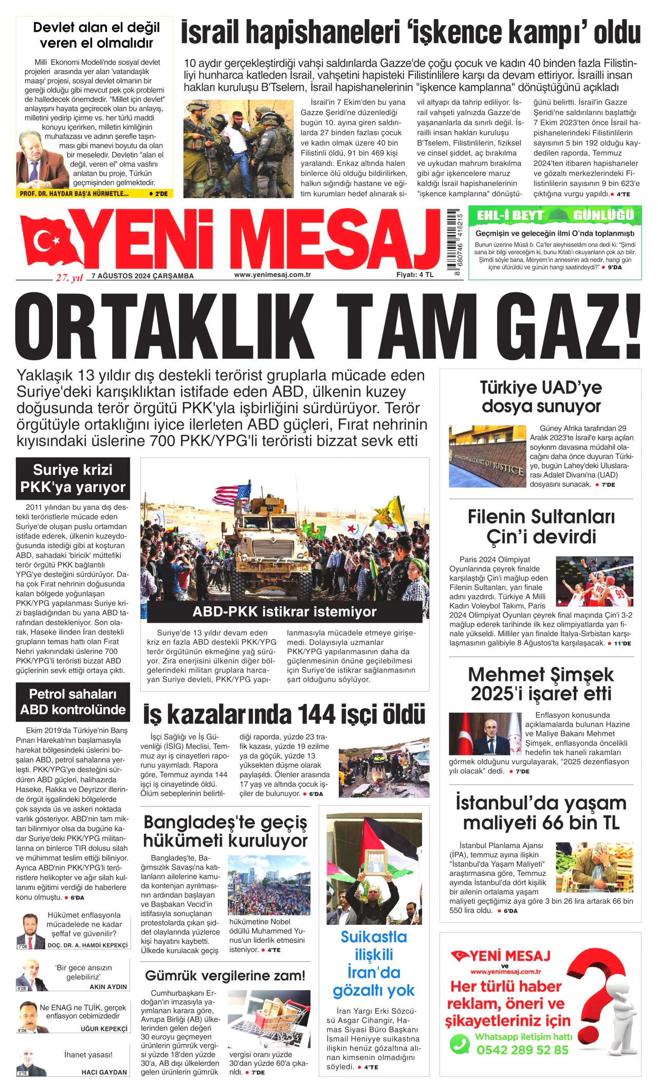 YENİ MESAJ gazetesinin 7 Ağustos 2024 tarihli birinci sayfası
