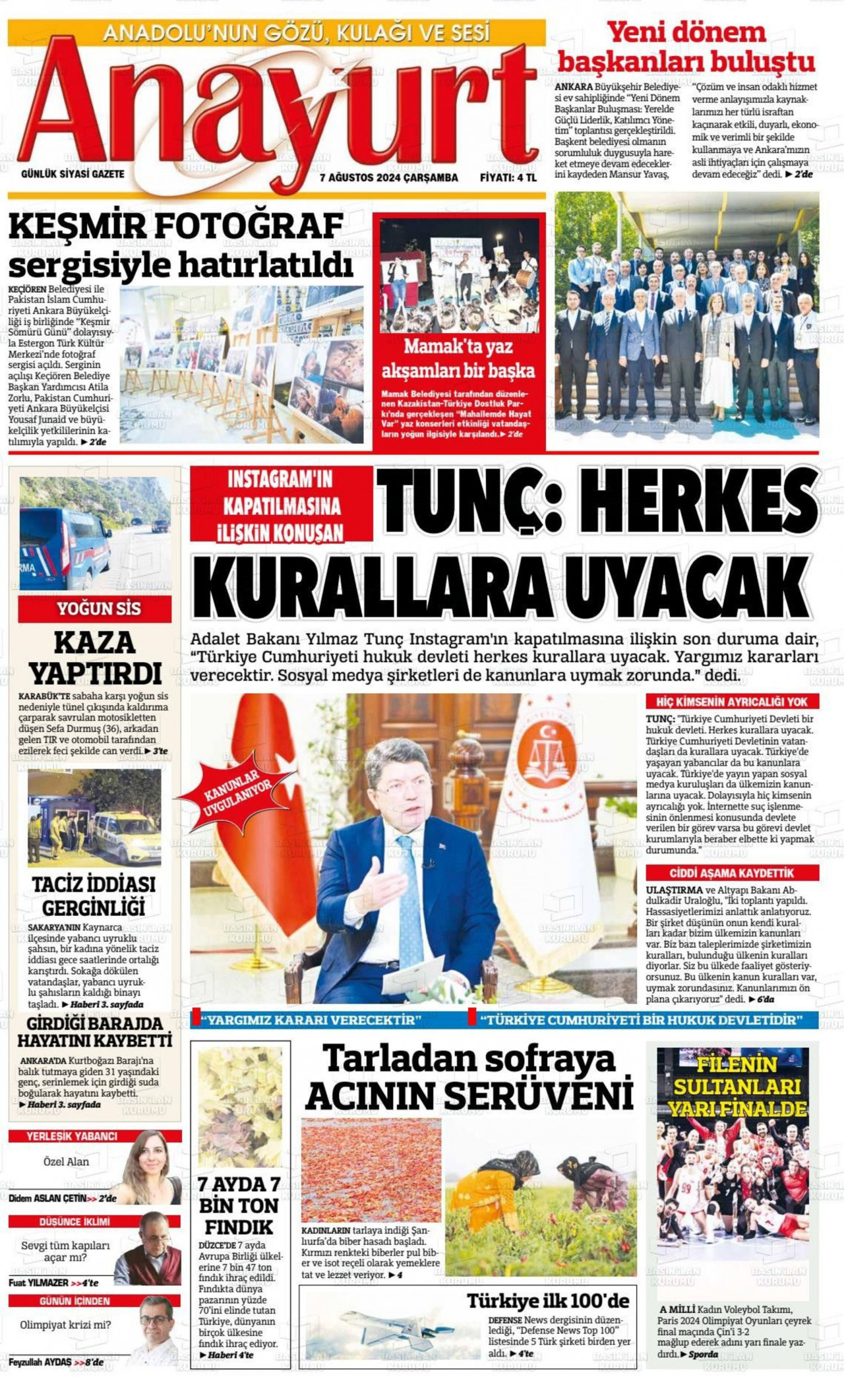 ANAYURT gazetesinin 7 Ağustos 2024 tarihli birinci sayfası