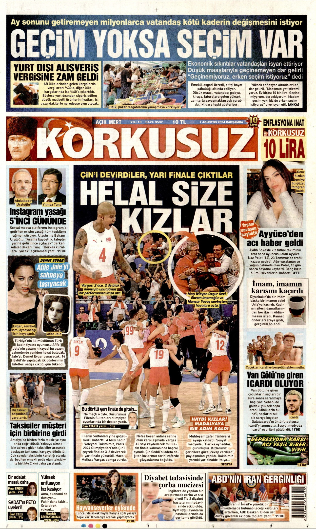 KORKUSUZ gazetesinin 7 Ağustos 2024 tarihli birinci sayfası