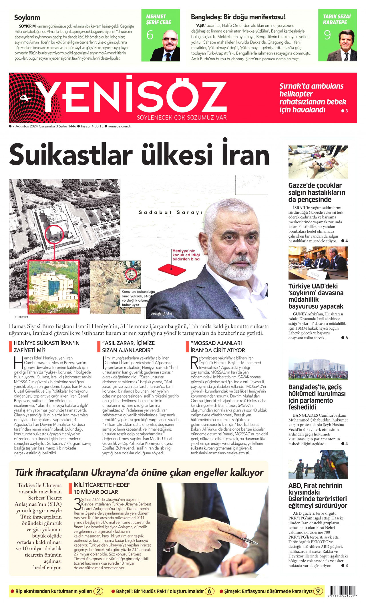 YENİ SÖZ GAZETESİ gazetesinin 7 Ağustos 2024 tarihli birinci sayfası