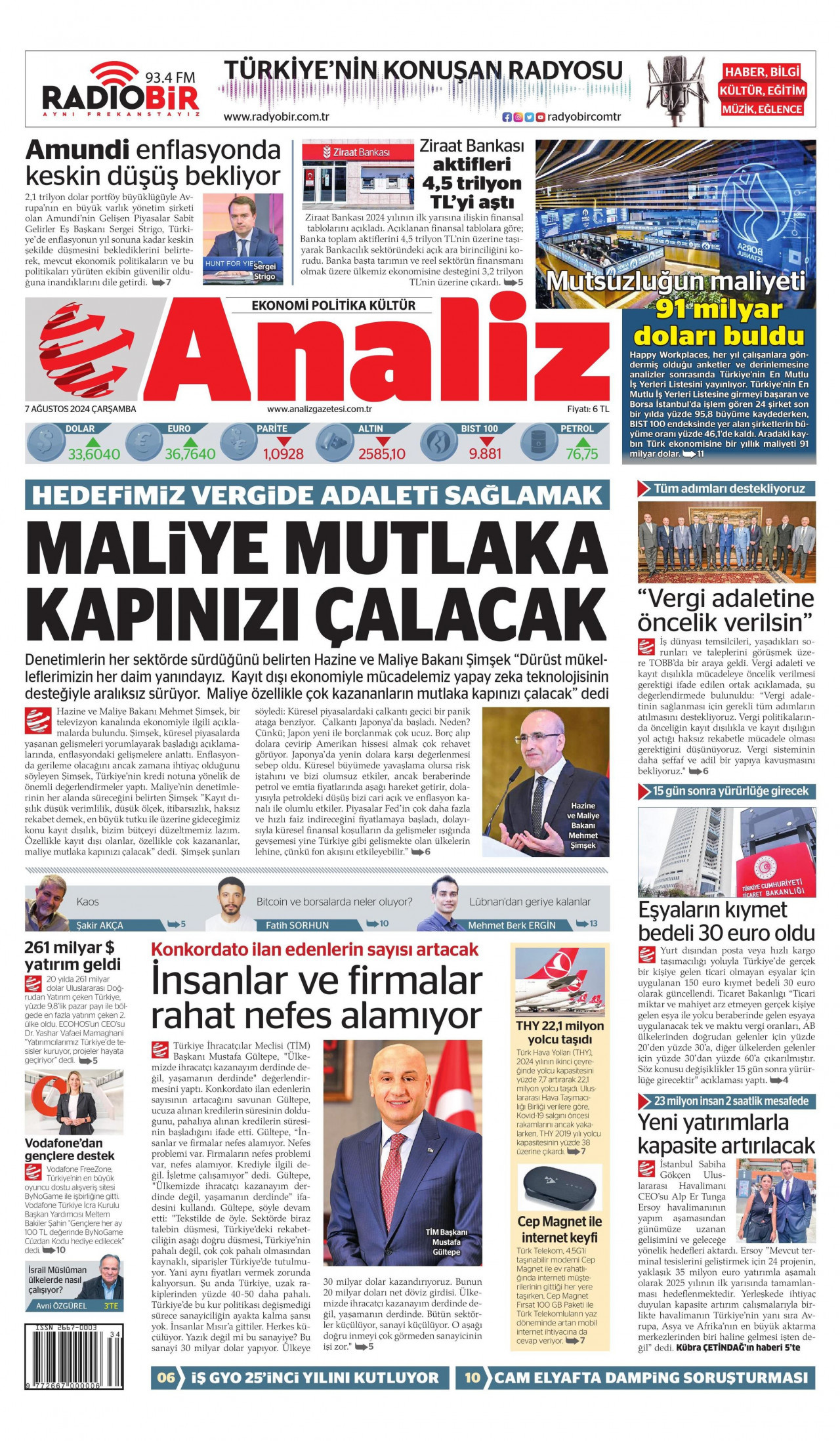 ANALİZ gazetesinin 7 Ağustos 2024 tarihli birinci sayfası
