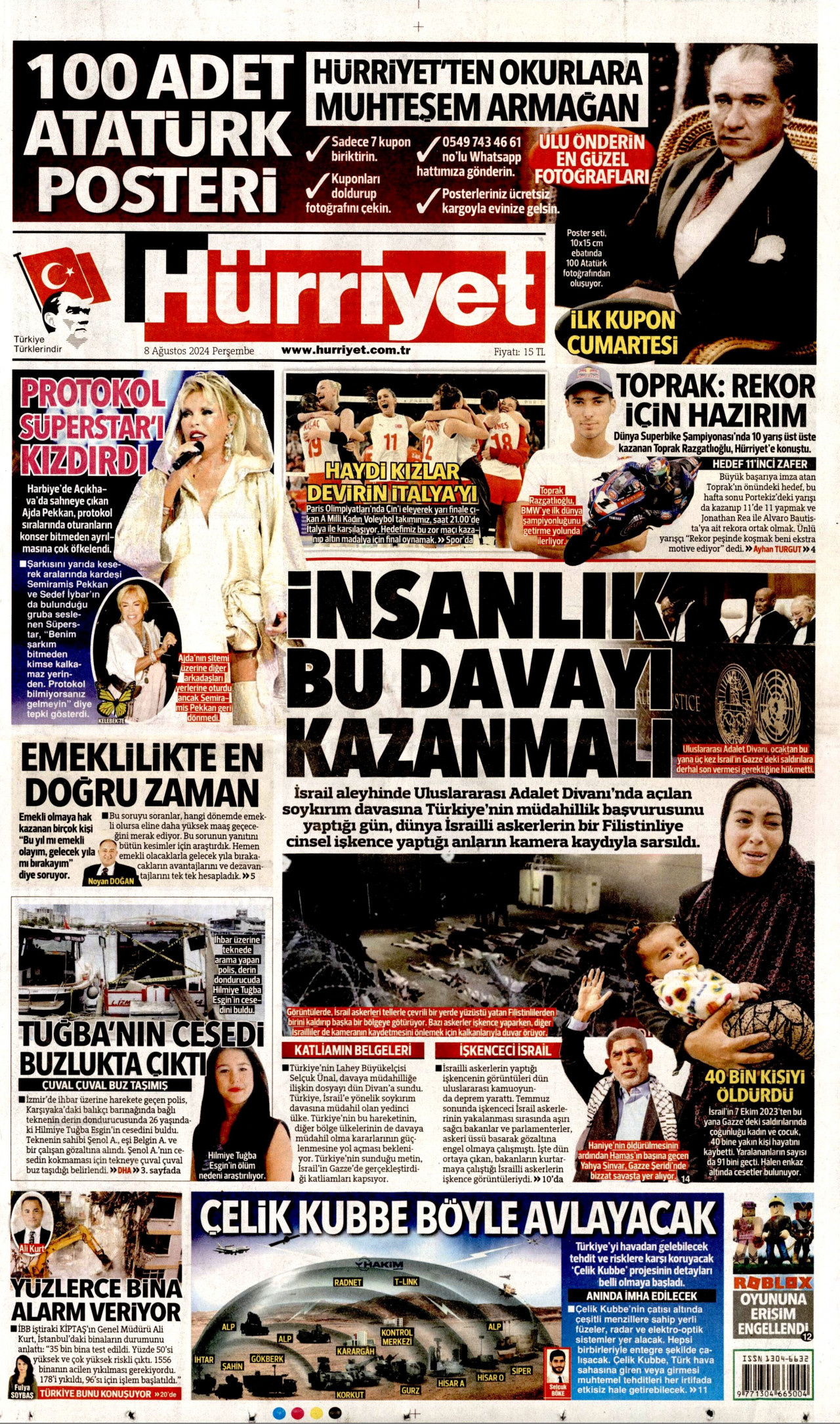 HÜRRİYET gazetesinin 8 Ağustos 2024 tarihli birinci sayfası