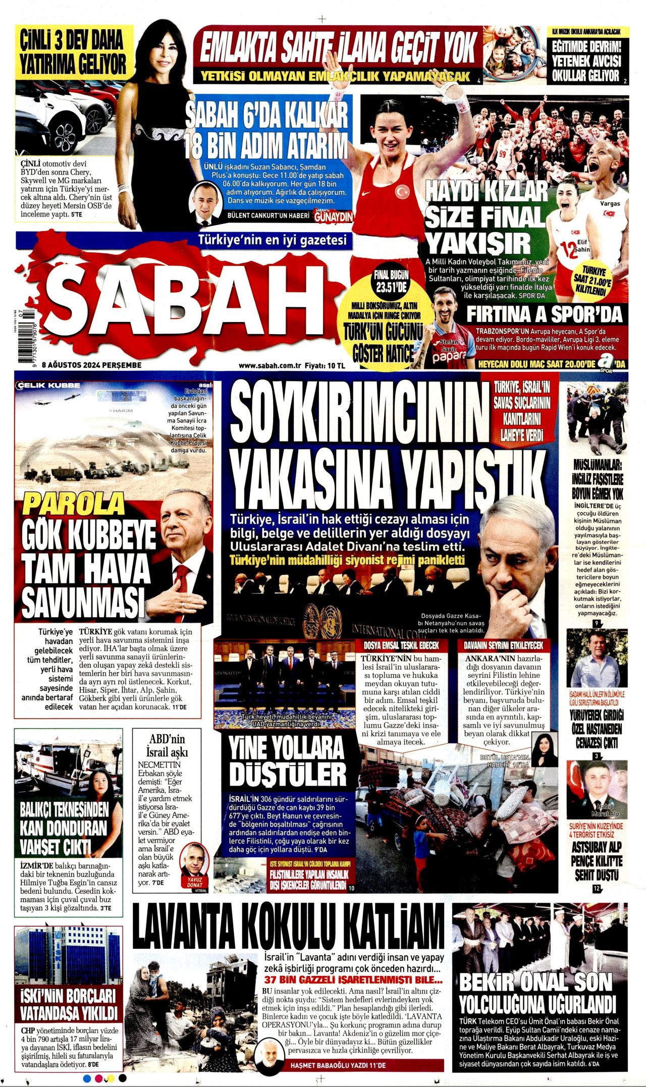 SABAH gazetesinin 8 Ağustos 2024 tarihli birinci sayfası