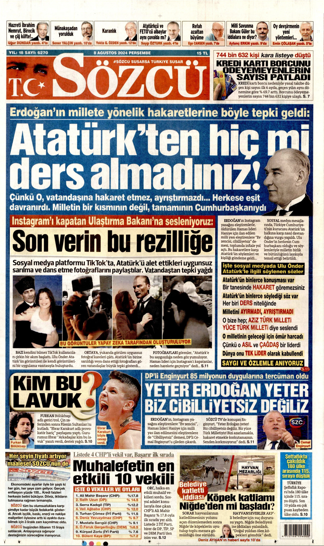 SÖZCÜ gazetesinin 8 Ağustos 2024 tarihli birinci sayfası