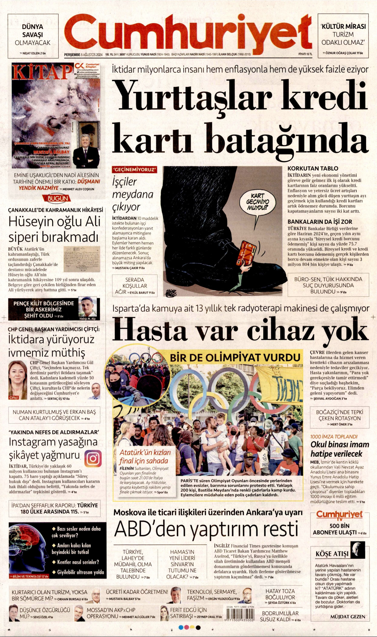 CUMHURİYET gazetesinin 8 Ağustos 2024 tarihli birinci sayfası