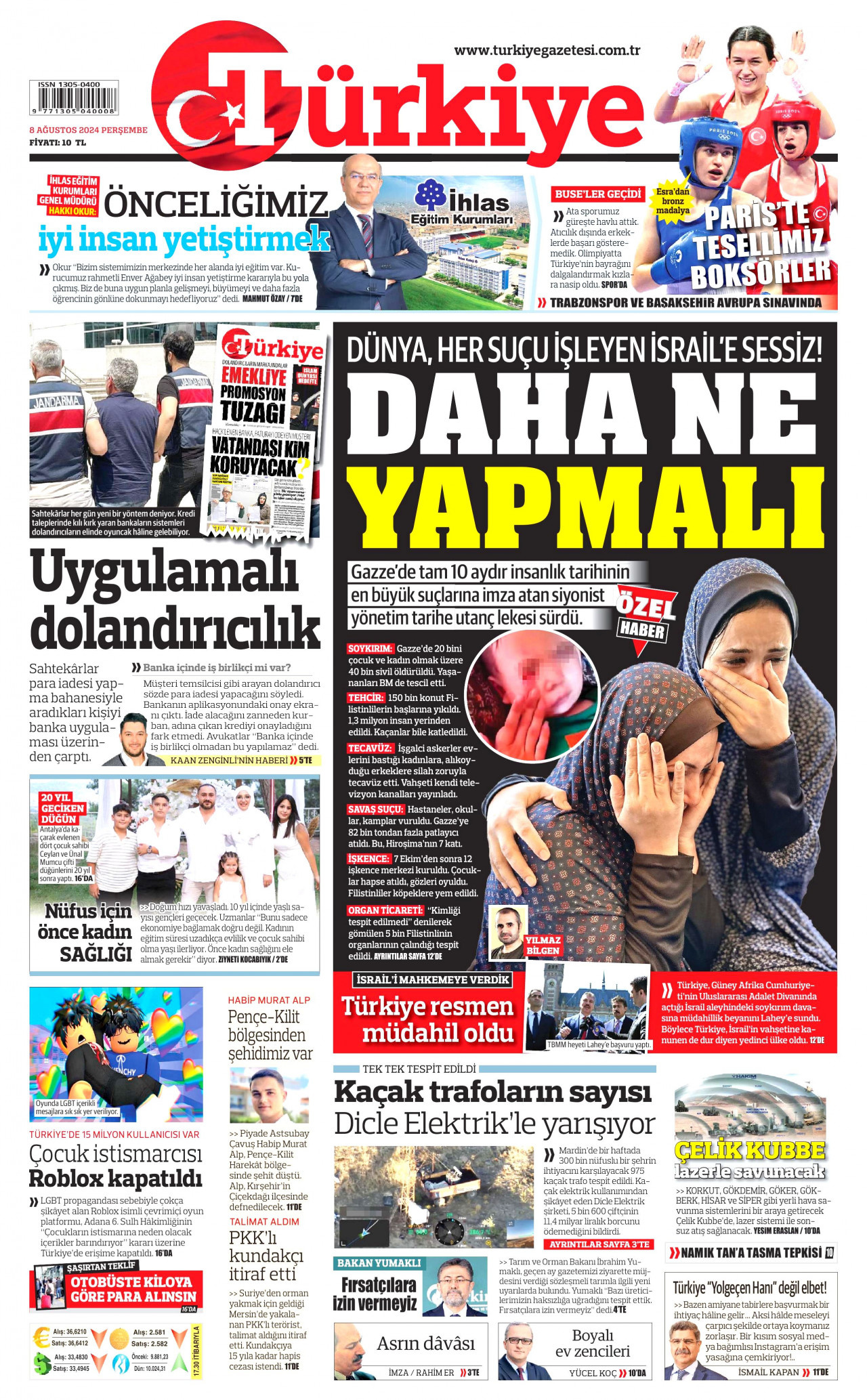 TÜRKİYE GAZETESİ gazetesinin 8 Ağustos 2024 tarihli birinci sayfası
