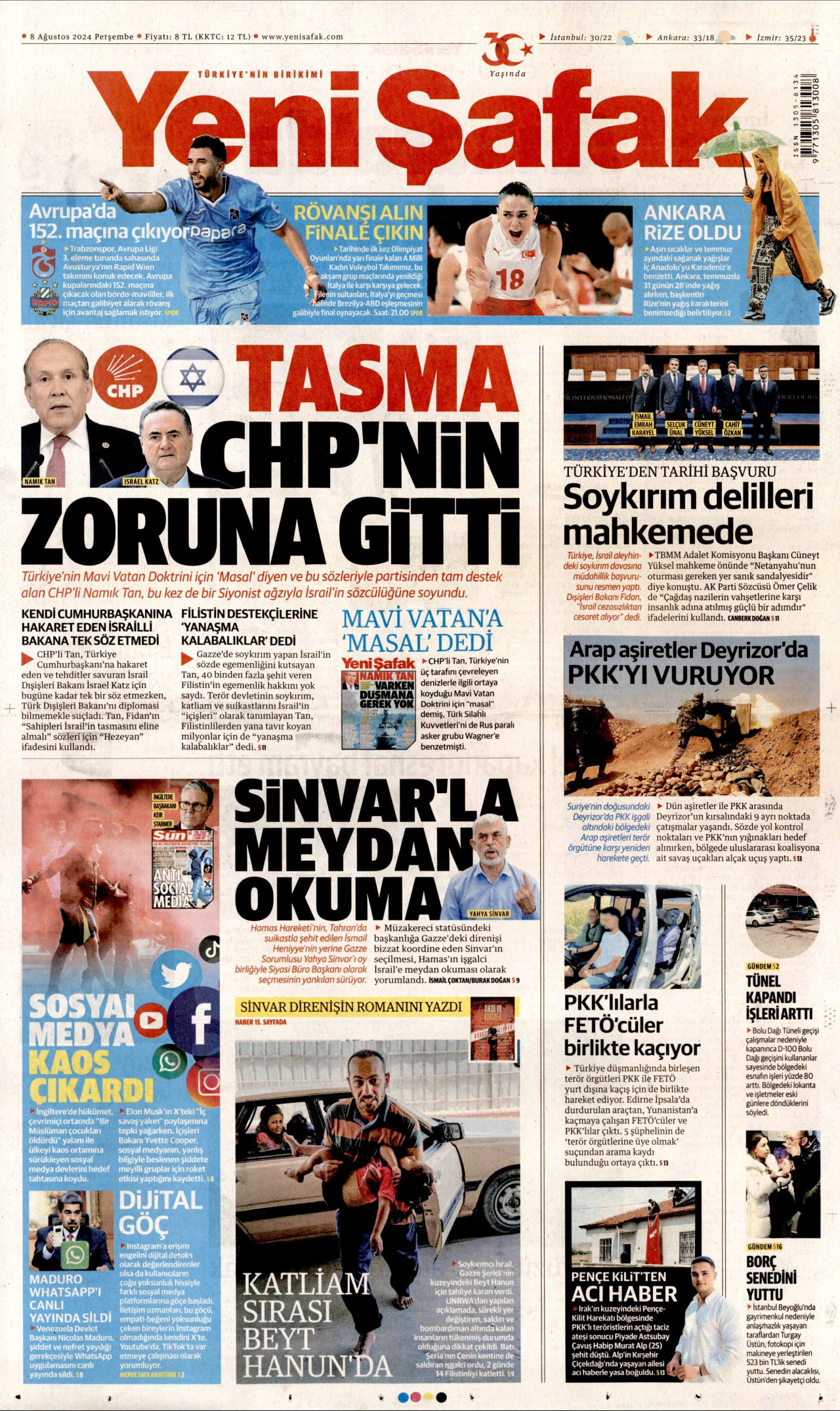 YENİ ŞAFAK gazetesinin 8 Ağustos 2024 tarihli birinci sayfası