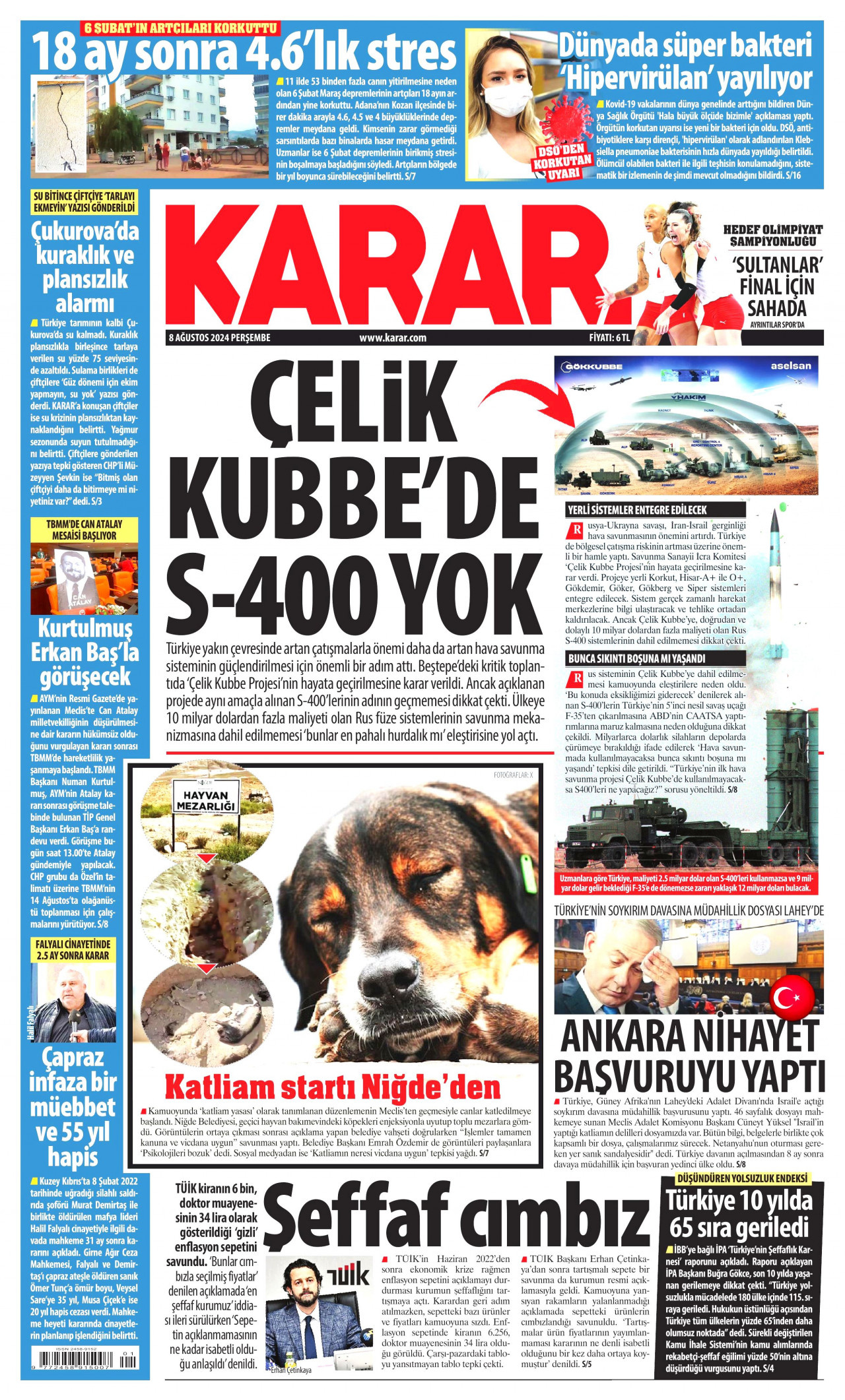 KARAR gazetesinin 8 Ağustos 2024 tarihli birinci sayfası