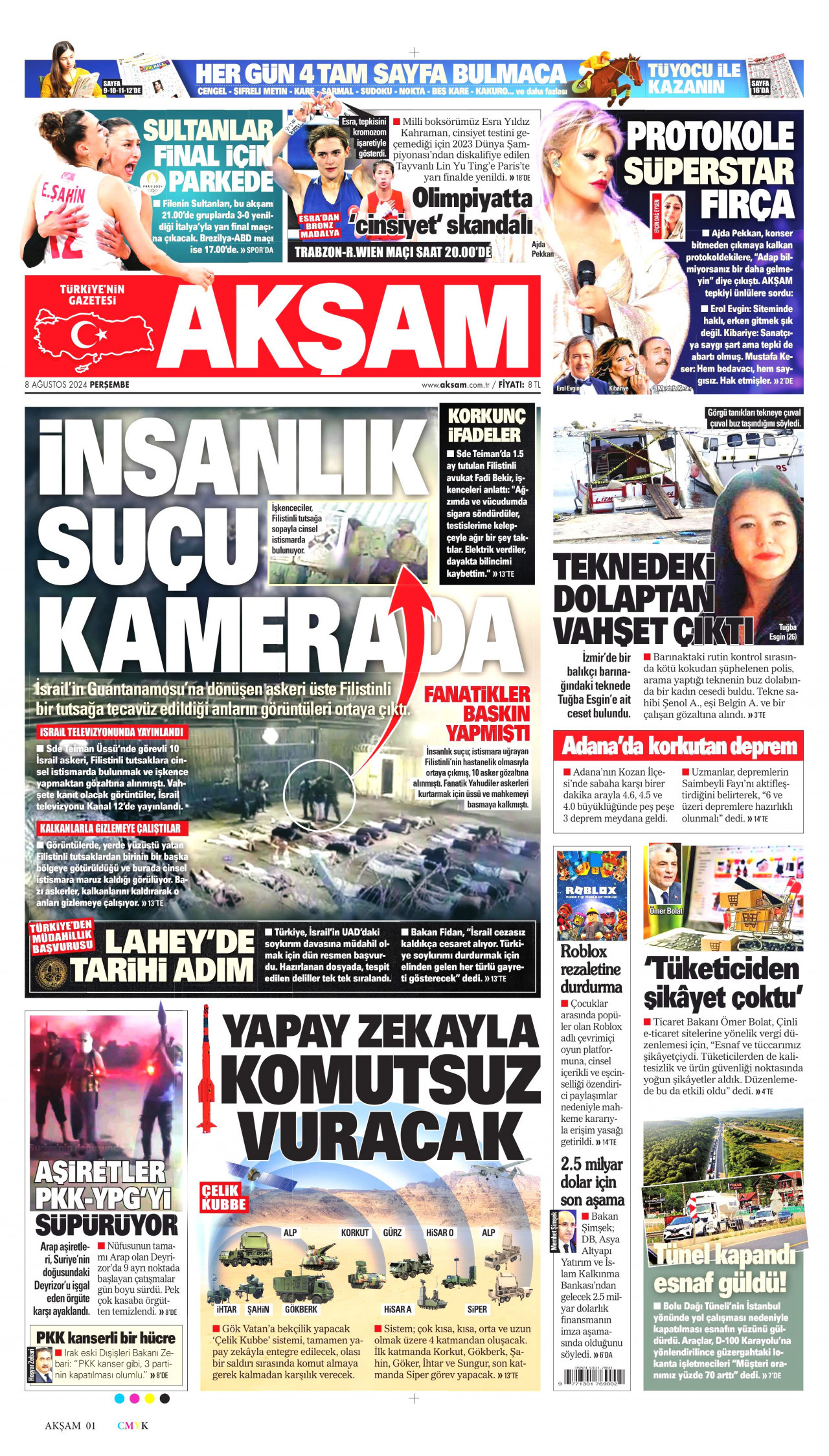AKŞAM gazetesinin 8 Ağustos 2024 tarihli birinci sayfası