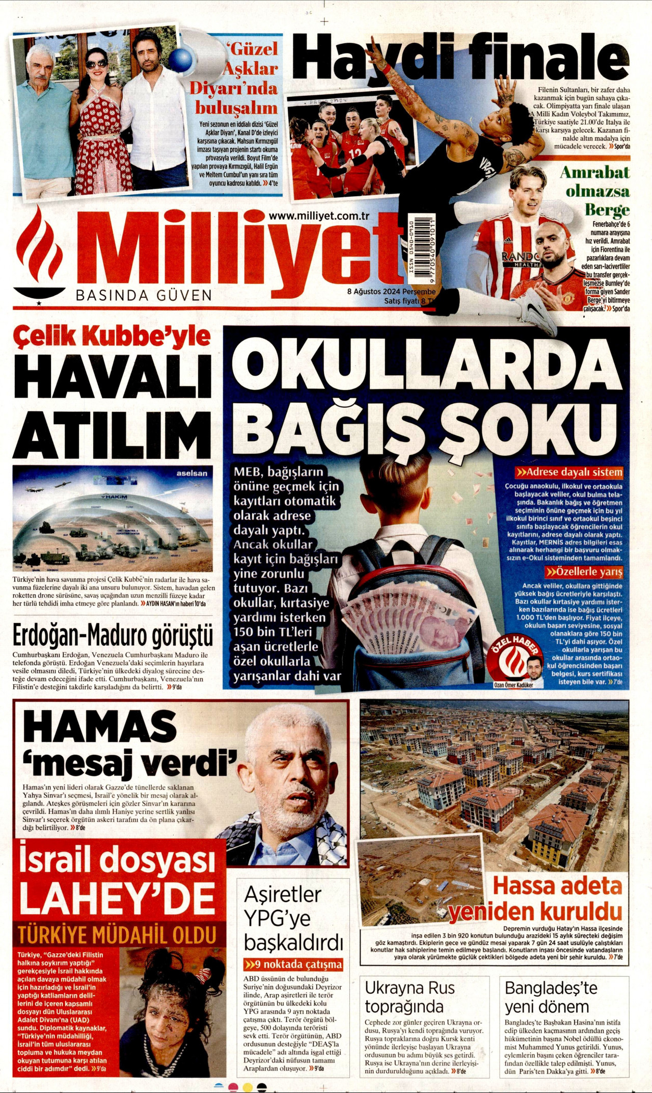 MİLLİYET gazetesinin 8 Ağustos 2024 tarihli birinci sayfası