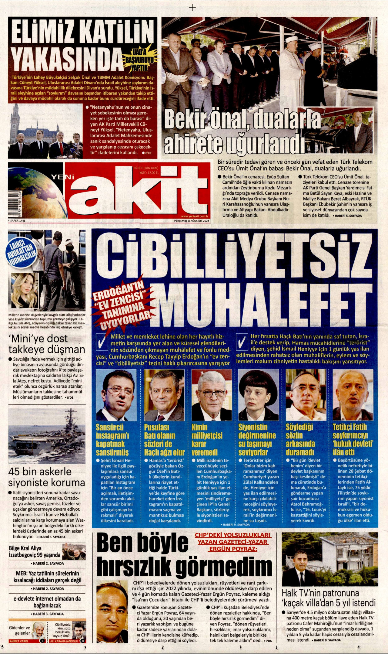 YENİ AKİT gazetesinin 8 Ağustos 2024 tarihli birinci sayfası