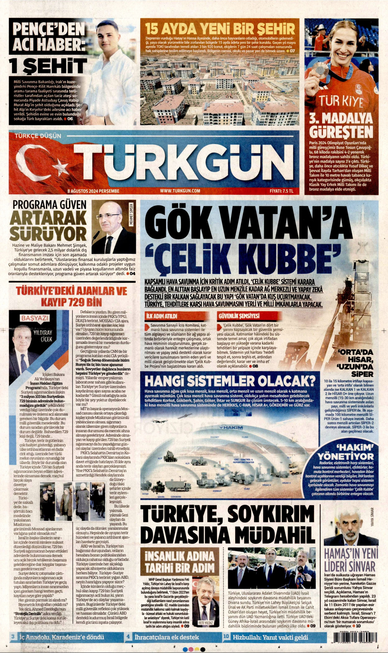 TÜRKGÜN gazetesinin 8 Ağustos 2024 tarihli birinci sayfası