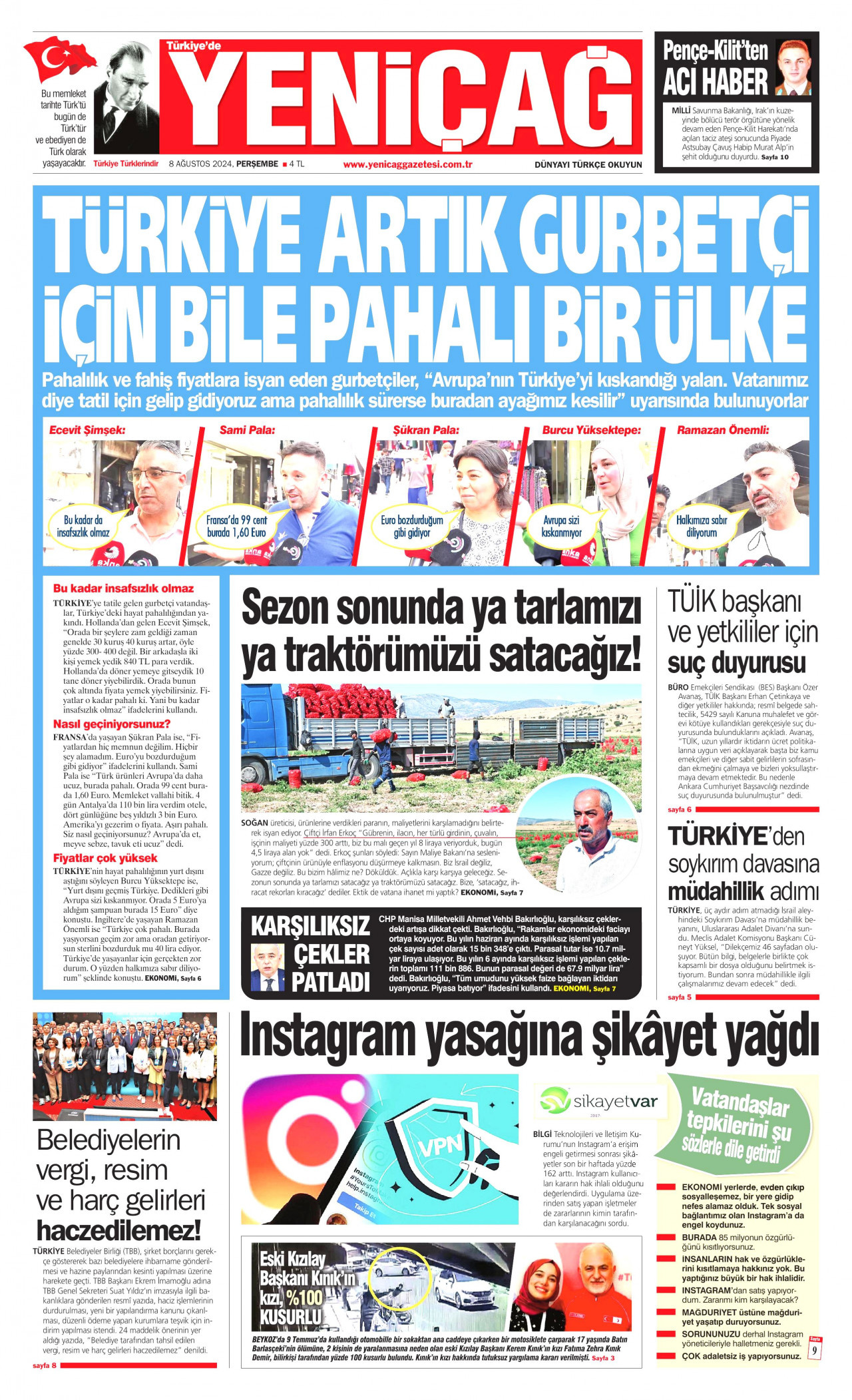 YENİÇAĞ gazetesinin 8 Ağustos 2024 tarihli birinci sayfası