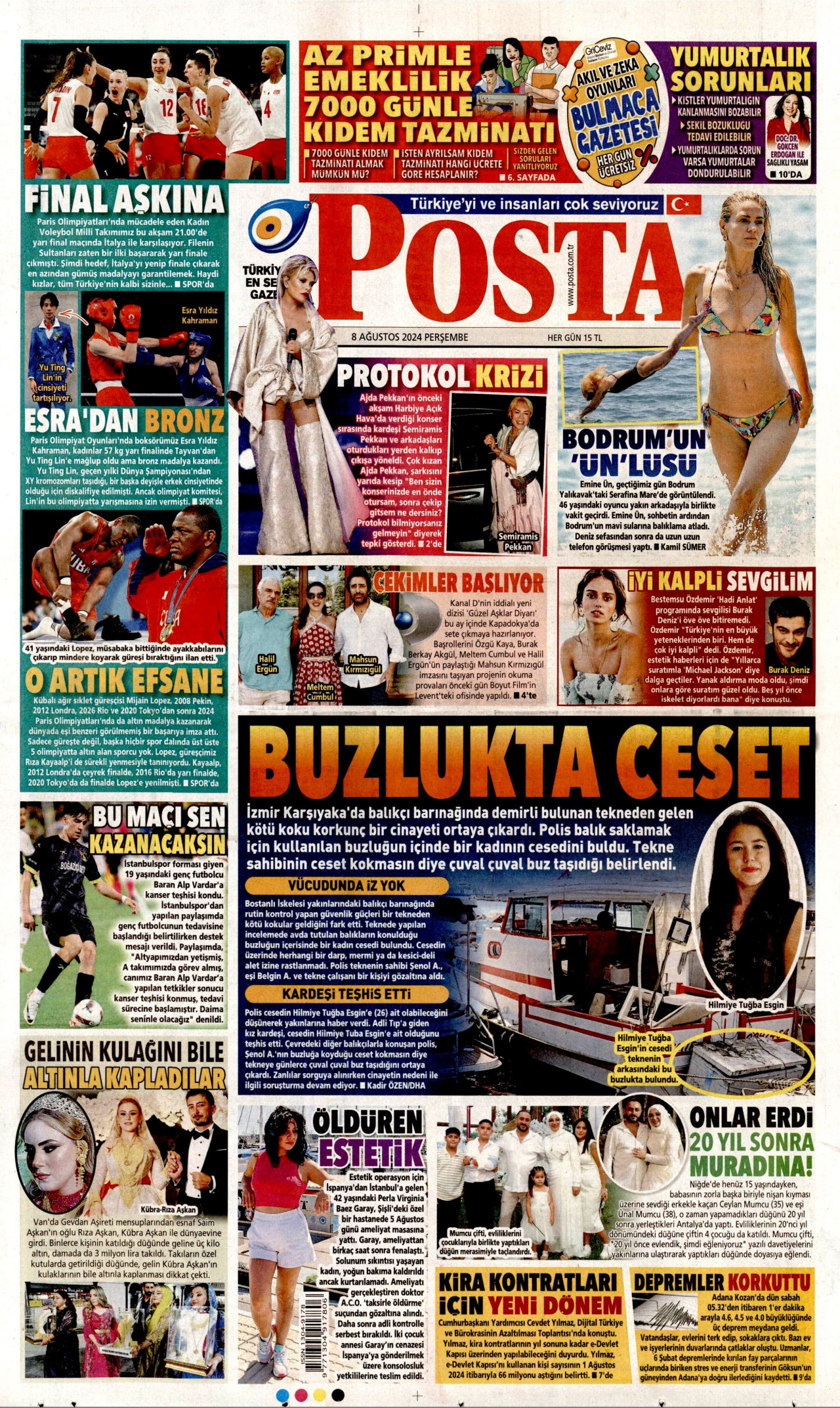 POSTA gazetesinin 8 Ağustos 2024 tarihli birinci sayfası