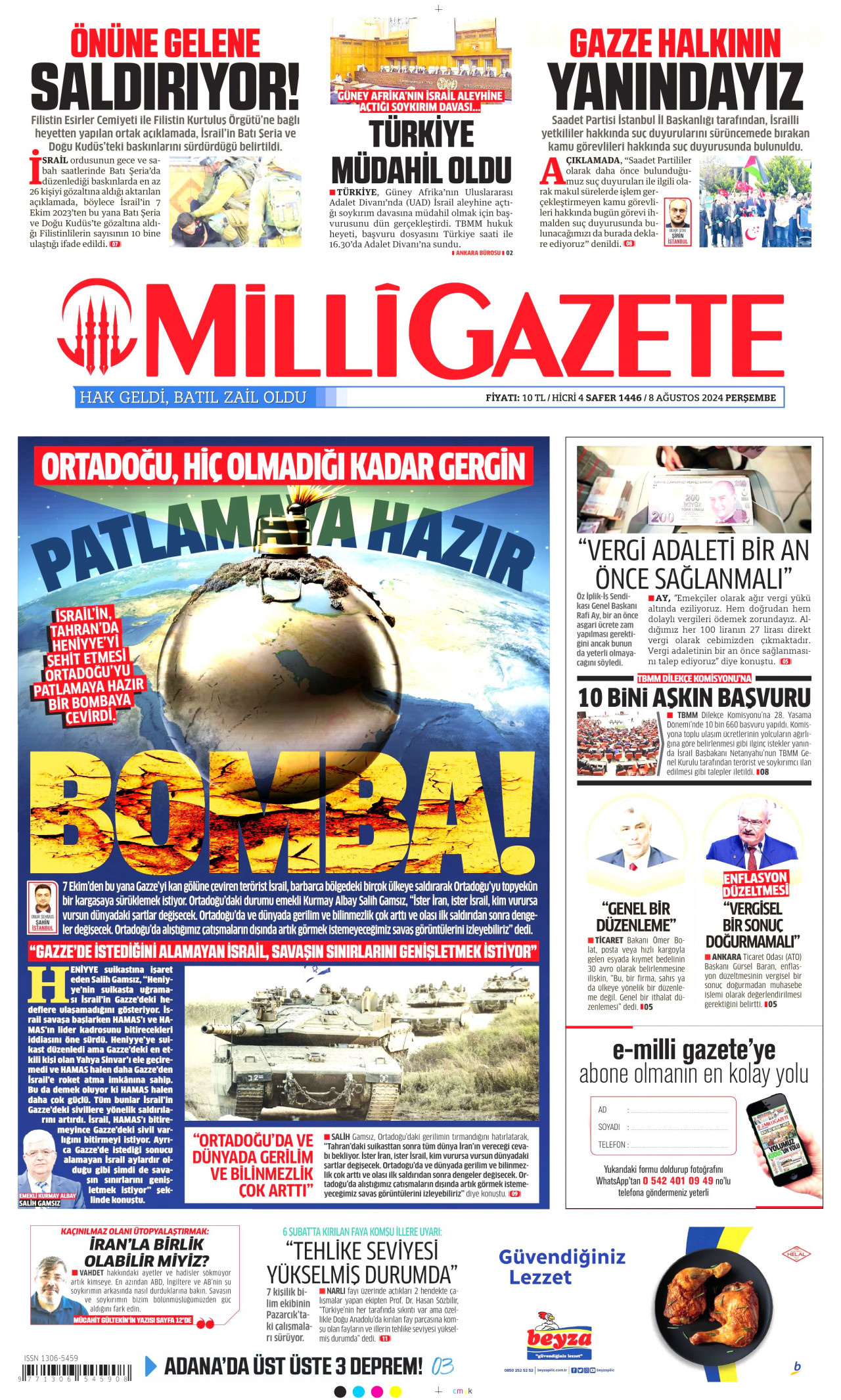 MİLLİ GAZETE gazetesinin 8 Ağustos 2024 tarihli birinci sayfası
