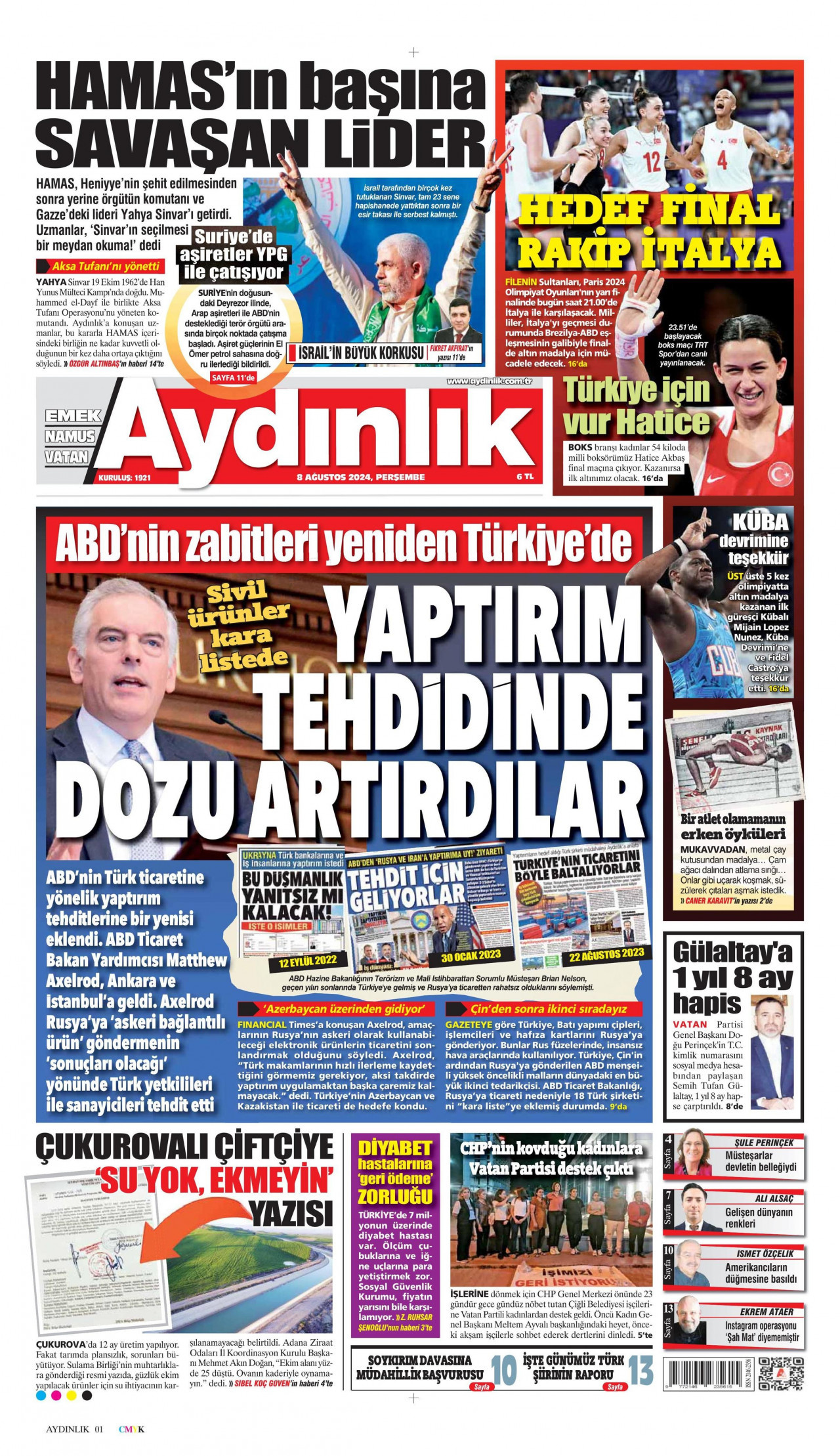 AYDINLIK GAZETESİ gazetesinin 8 Ağustos 2024 tarihli birinci sayfası