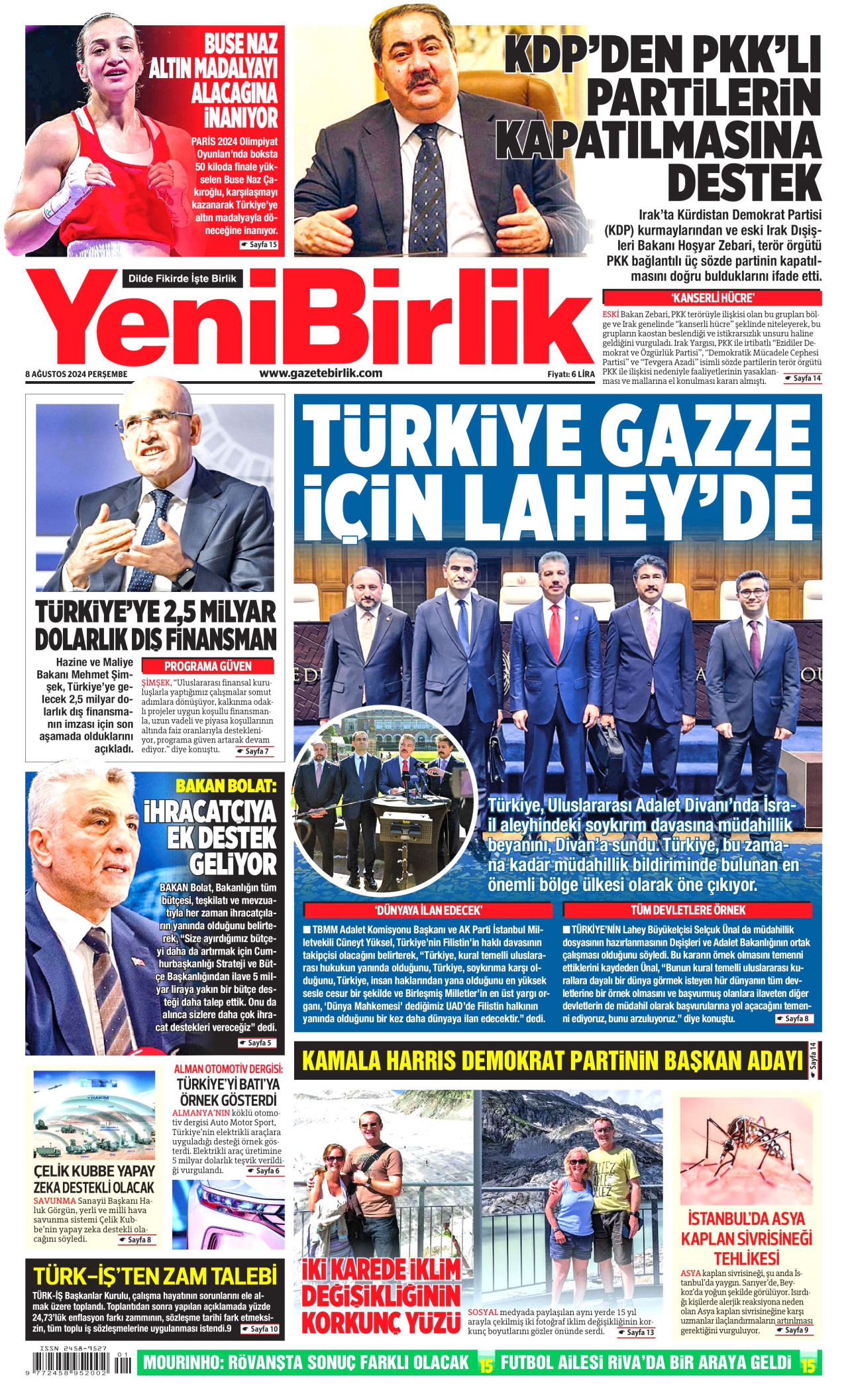 YENİBİRLİK gazetesinin 8 Ağustos 2024 tarihli birinci sayfası