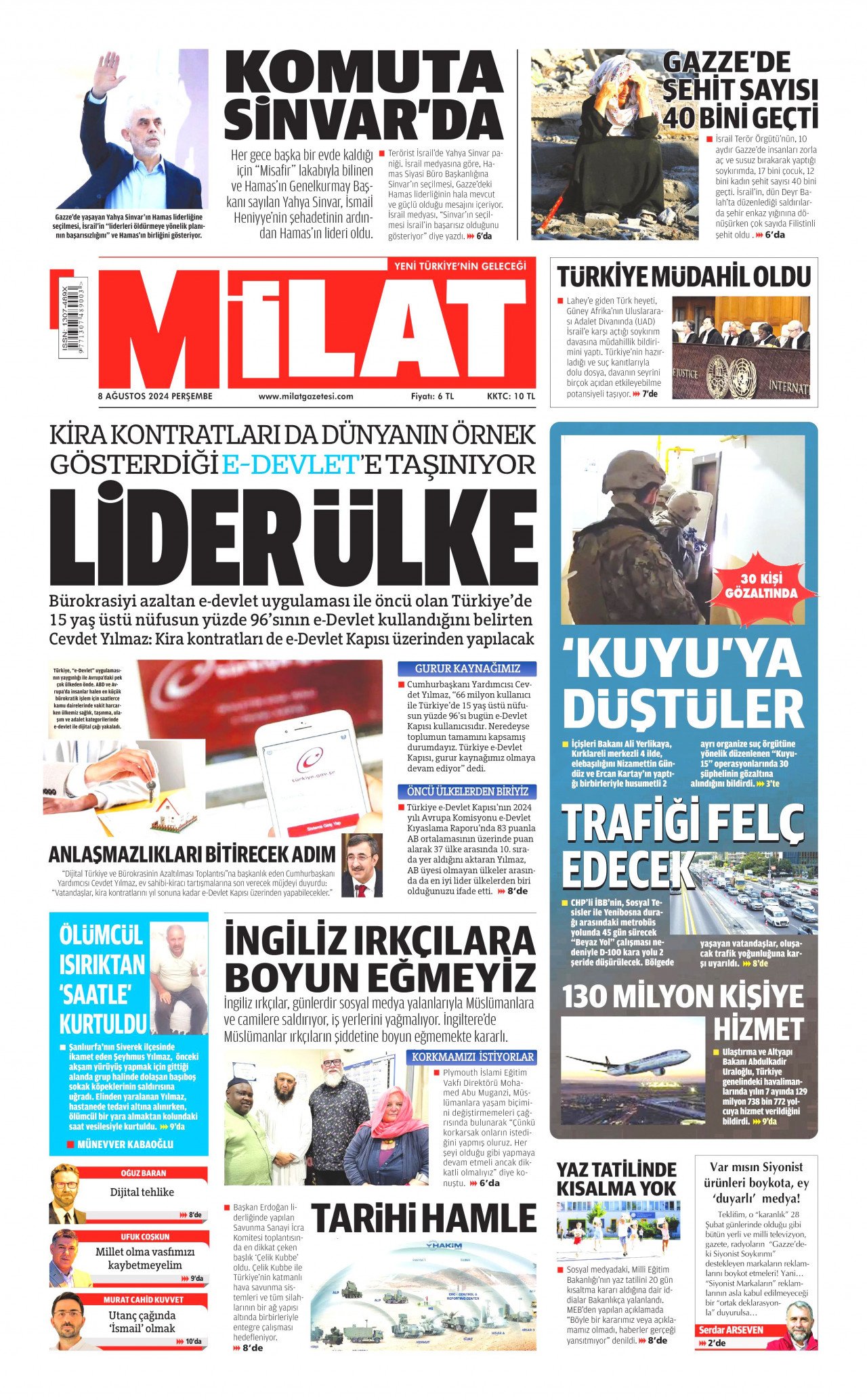 MİLAT gazetesinin 8 Ağustos 2024 tarihli birinci sayfası