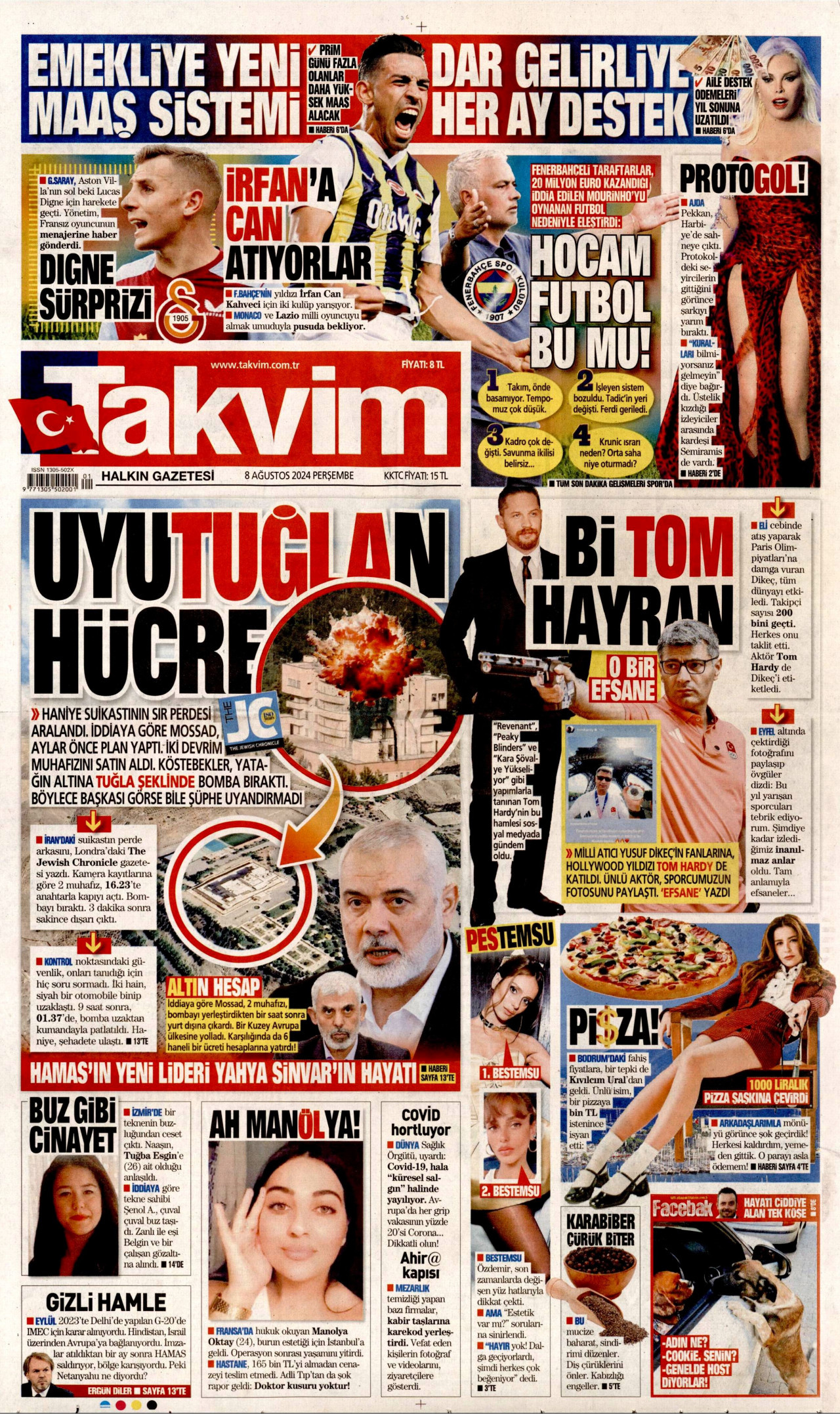 TAKVİM gazetesinin 8 Ağustos 2024 tarihli birinci sayfası