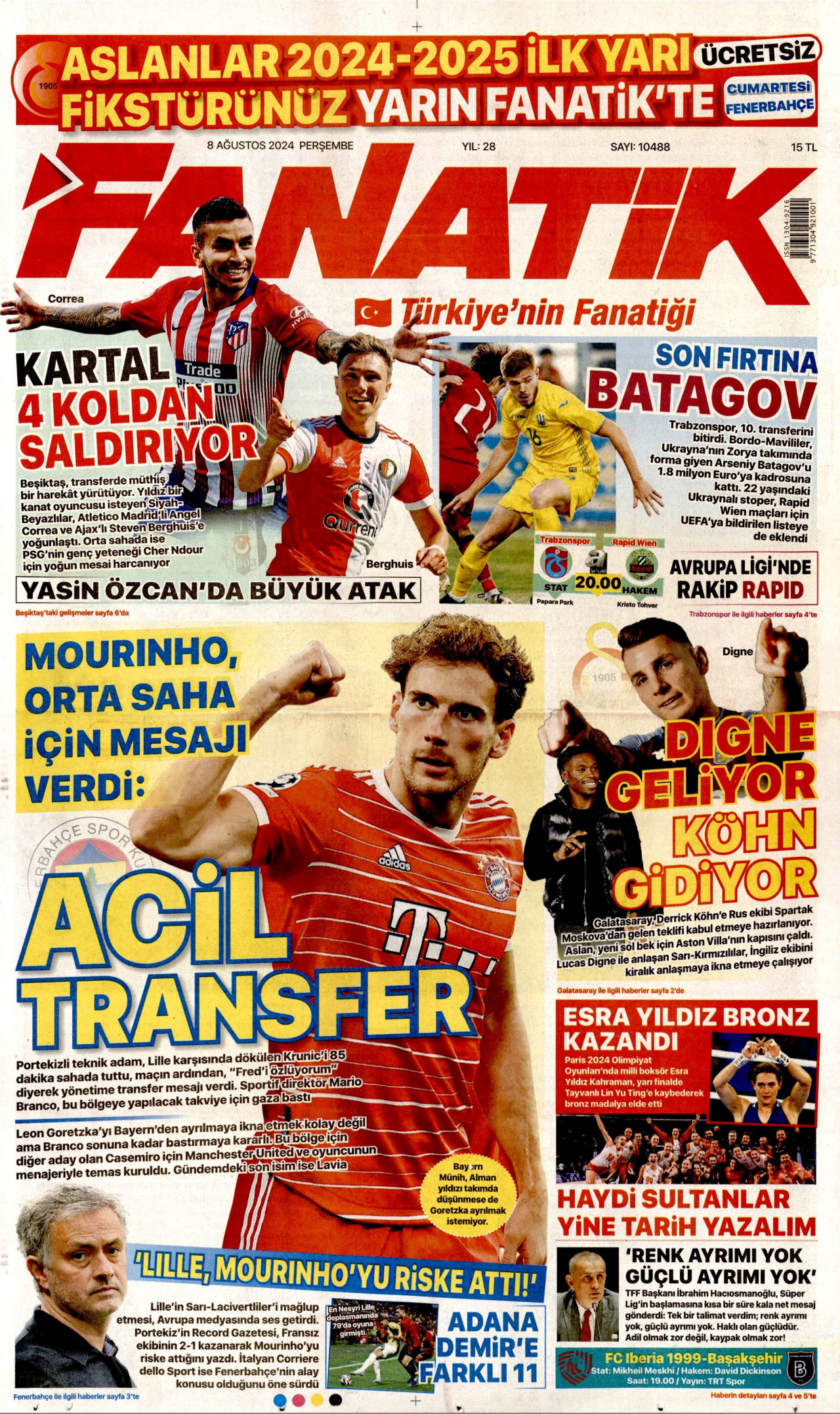 FANATİK gazetesinin 8 Ağustos 2024 tarihli birinci sayfası