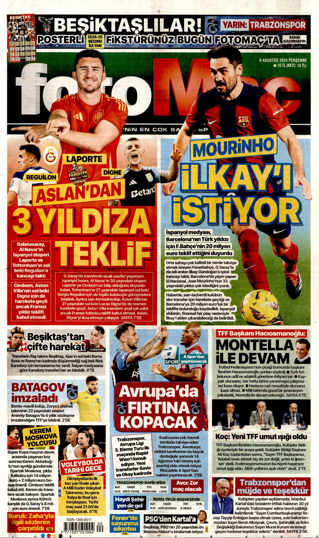 FOTOMAÇ gazetesinin 8 Ağustos 2024 tarihli birinci sayfası
