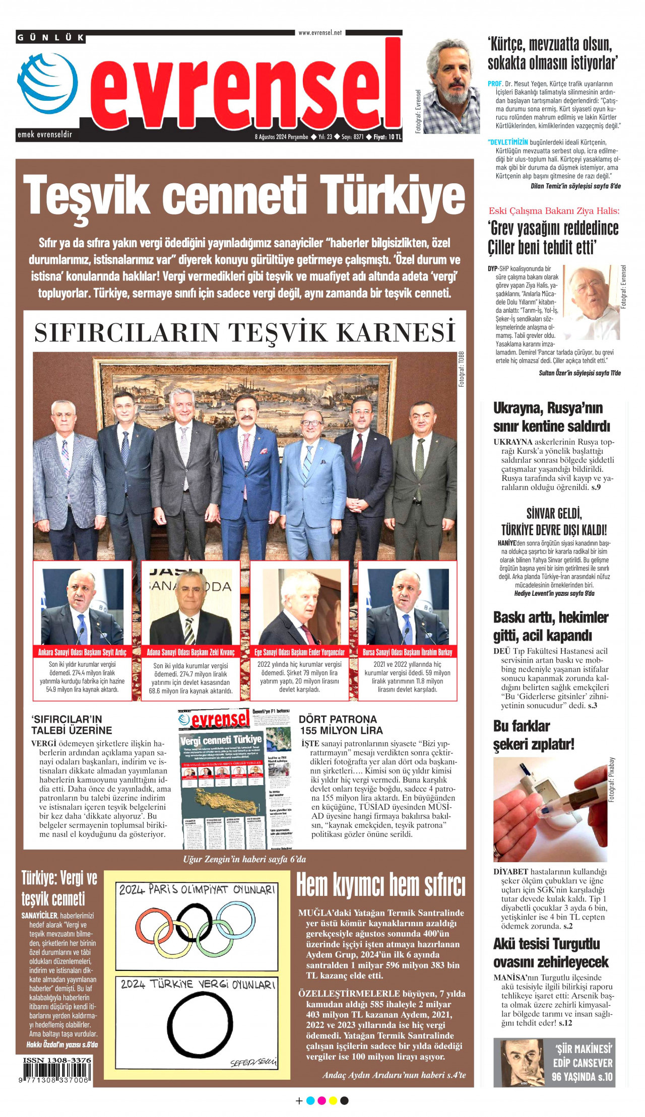 EVRENSEL gazetesinin 8 Ağustos 2024 tarihli birinci sayfası