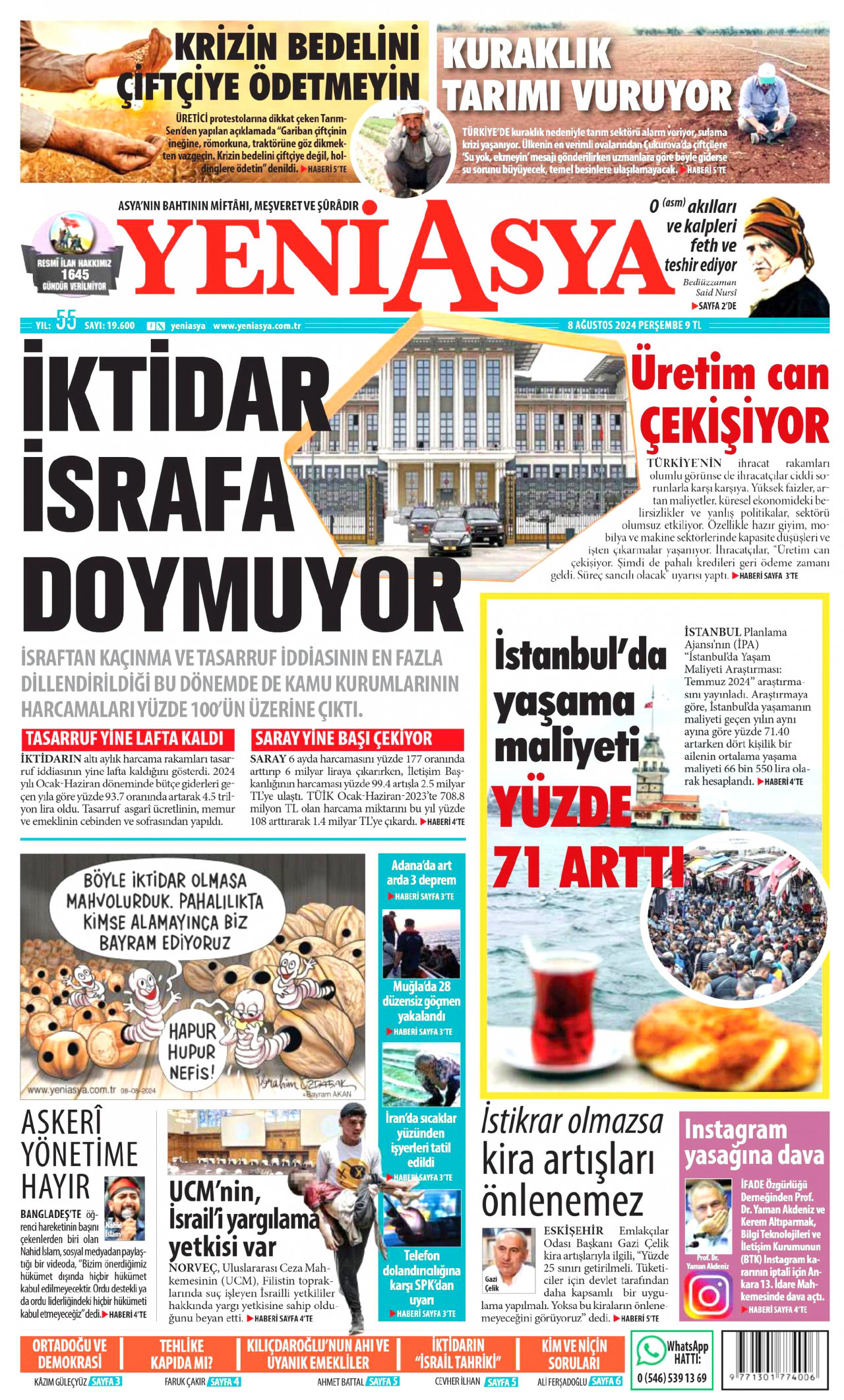 YENİ ASYA gazetesinin 8 Ağustos 2024 tarihli birinci sayfası