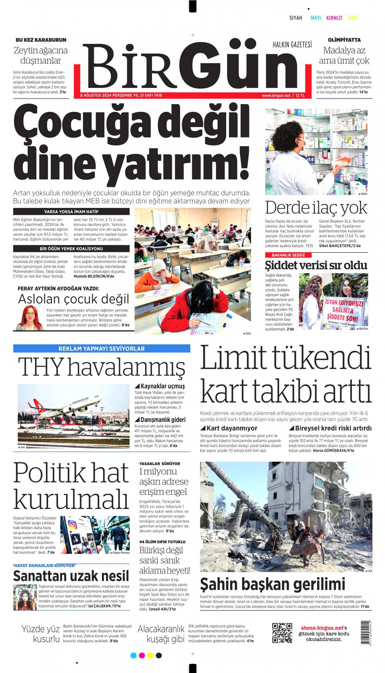 BİRGÜN gazetesinin 8 Ağustos 2024 tarihli birinci sayfası