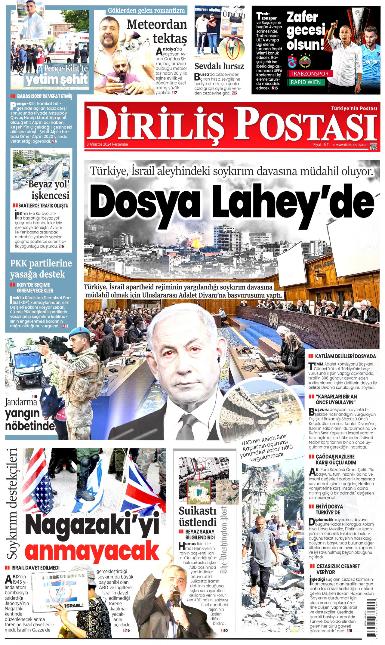 DİRİLİŞ POSTASI gazetesinin 8 Ağustos 2024 tarihli birinci sayfası