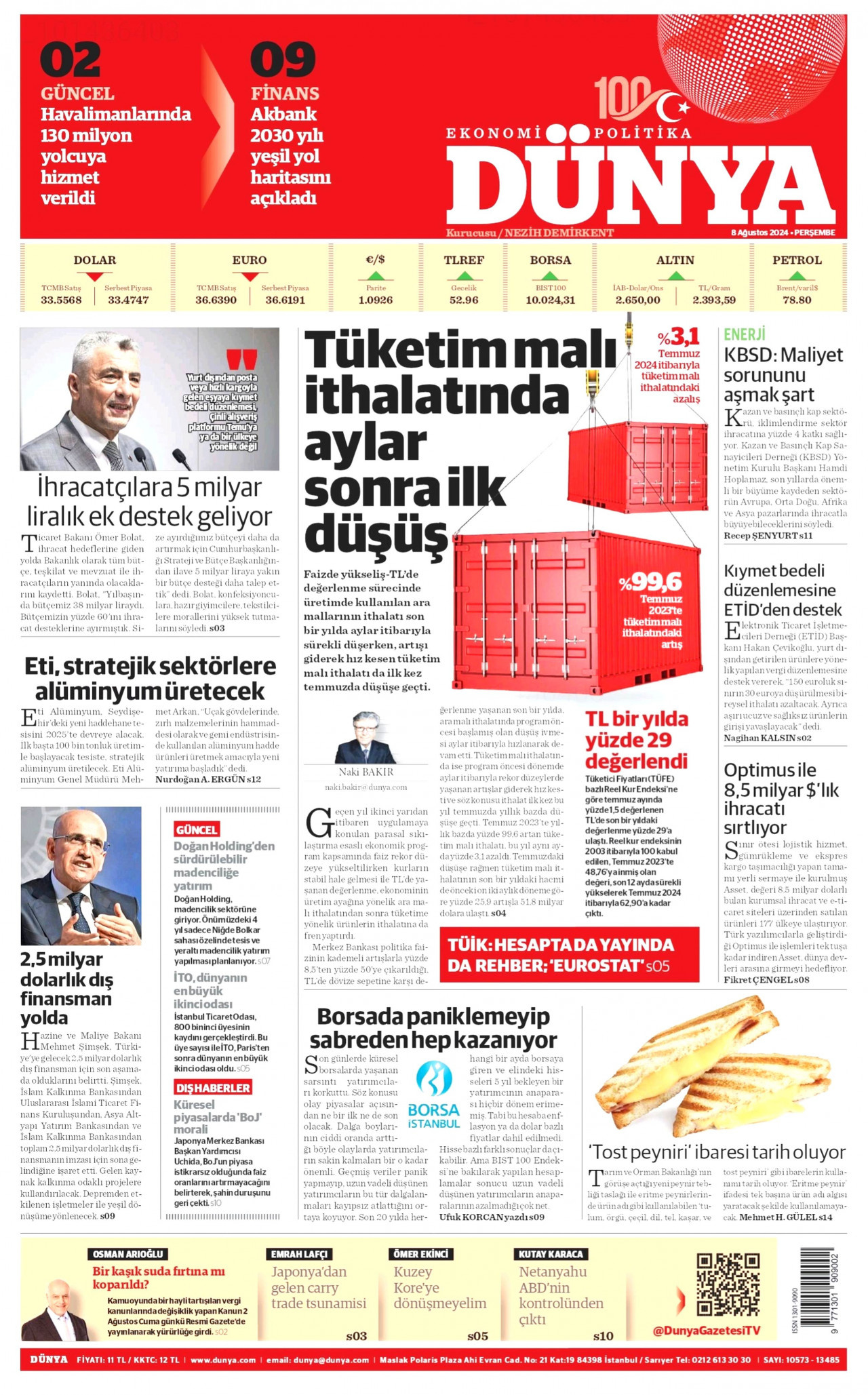 DÜNYA gazetesinin 8 Ağustos 2024 tarihli birinci sayfası