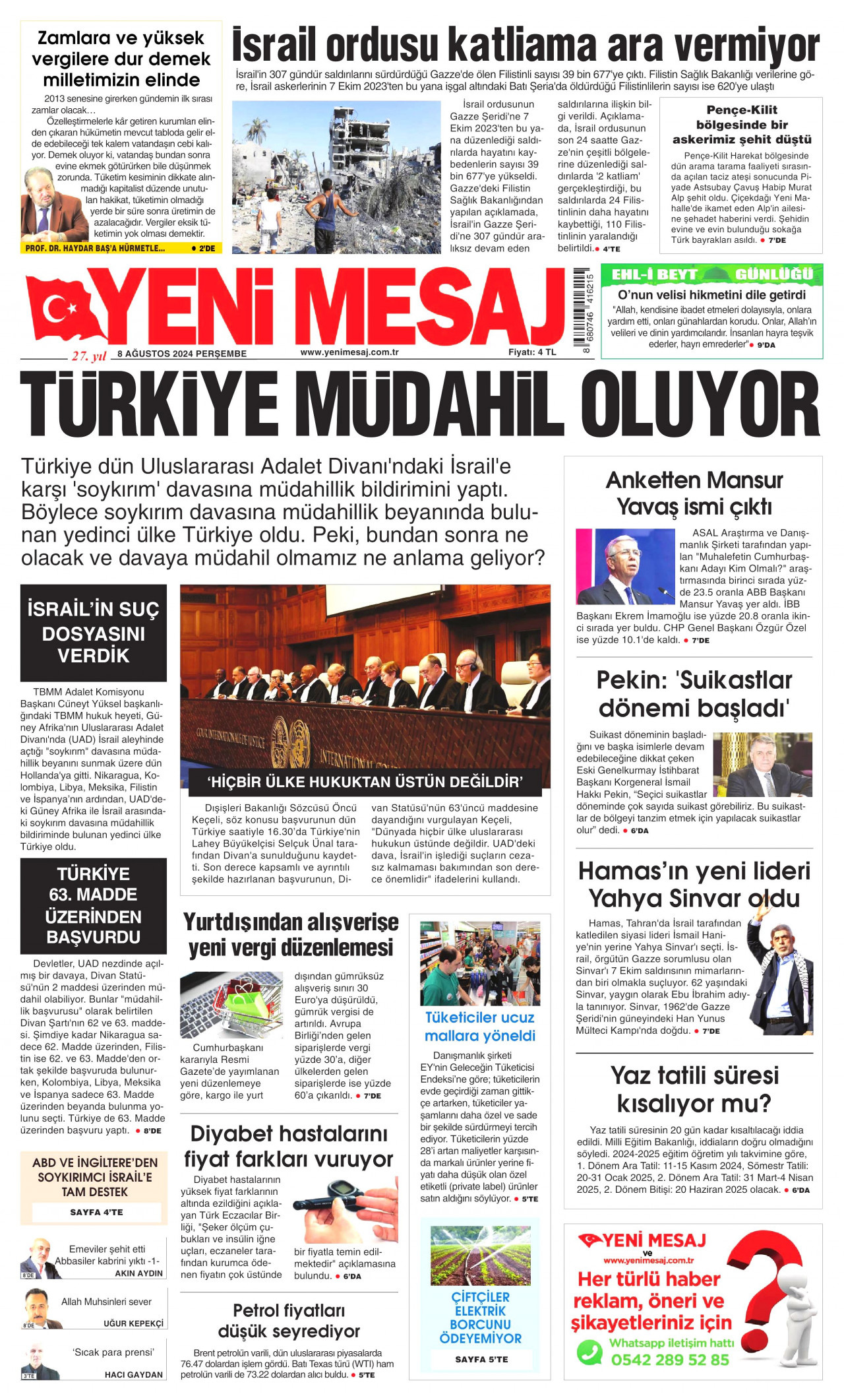 YENİ MESAJ gazetesinin 8 Ağustos 2024 tarihli birinci sayfası