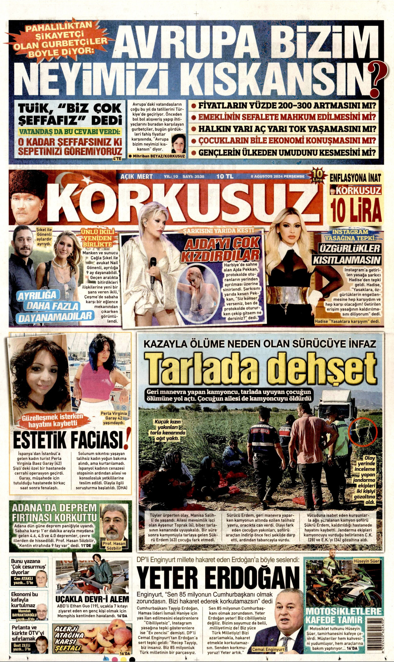 KORKUSUZ gazetesinin 8 Ağustos 2024 tarihli birinci sayfası