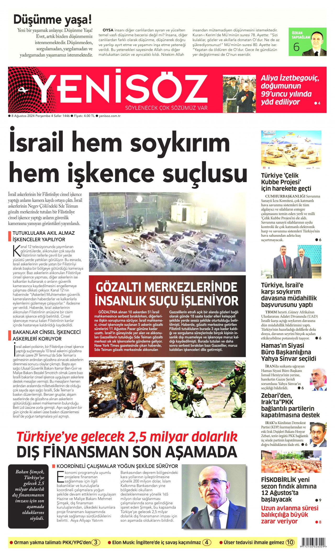 YENİ SÖZ GAZETESİ gazetesinin 8 Ağustos 2024 tarihli birinci sayfası