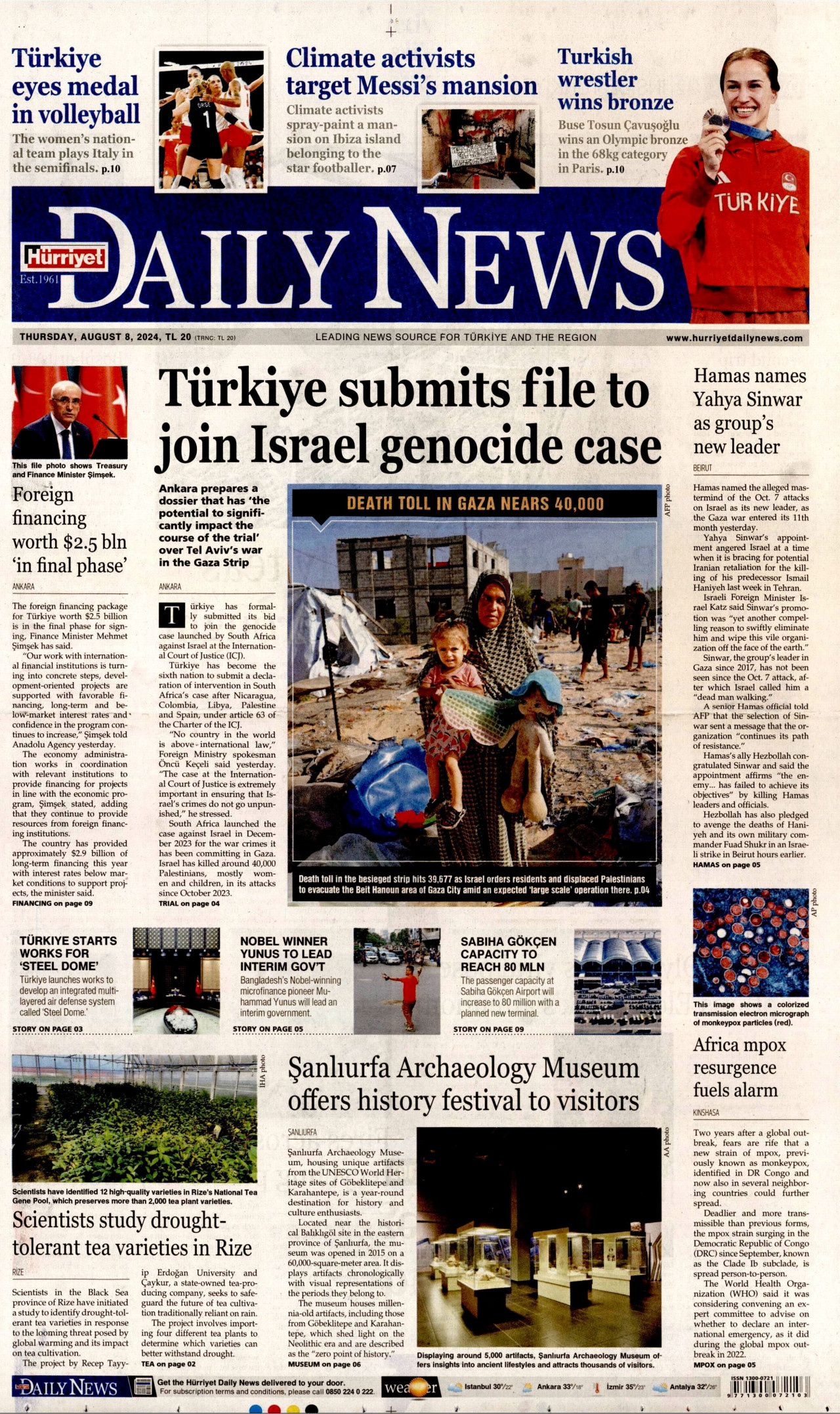 HÜRRİYET DAİLY NEWS gazetesinin 8 Ağustos 2024 tarihli birinci sayfası