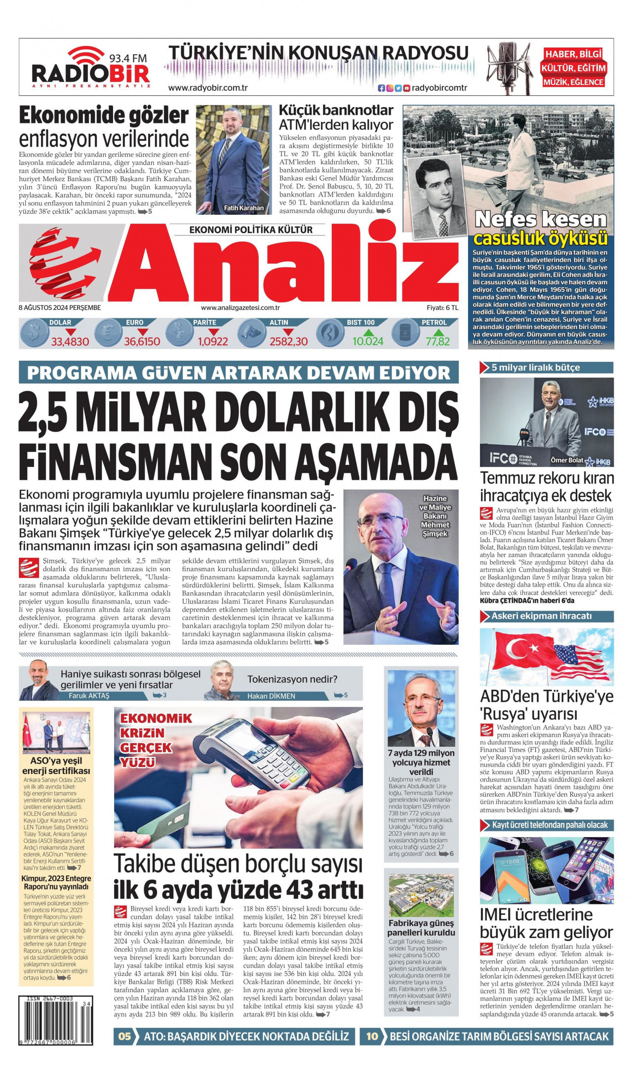 ANALİZ gazetesinin 8 Ağustos 2024 tarihli birinci sayfası