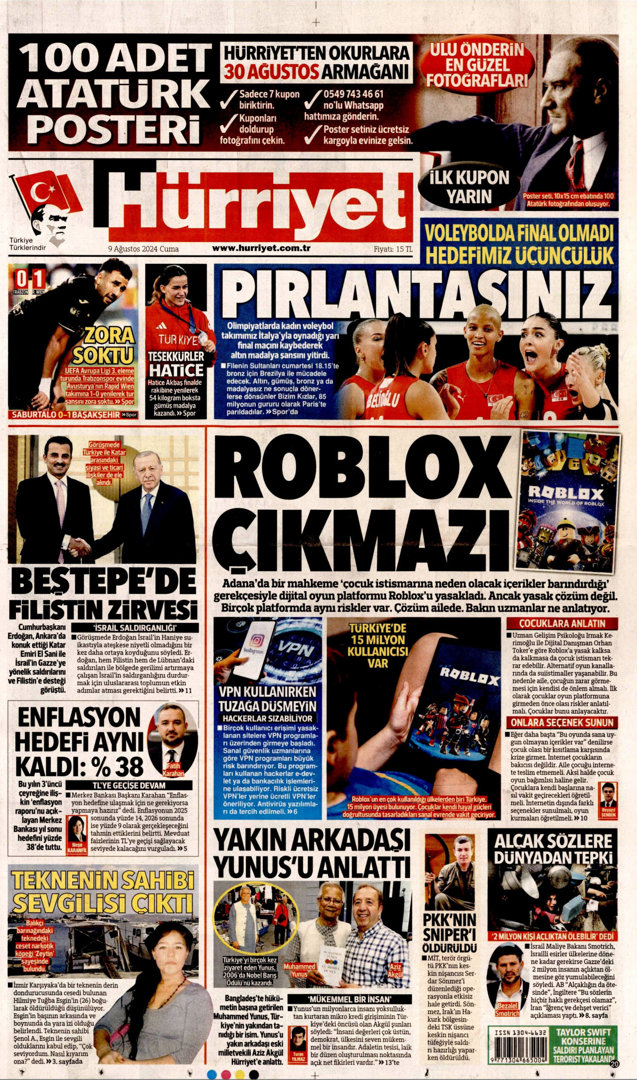 HÜRRİYET gazetesinin 9 Ağustos 2024 tarihli birinci sayfası