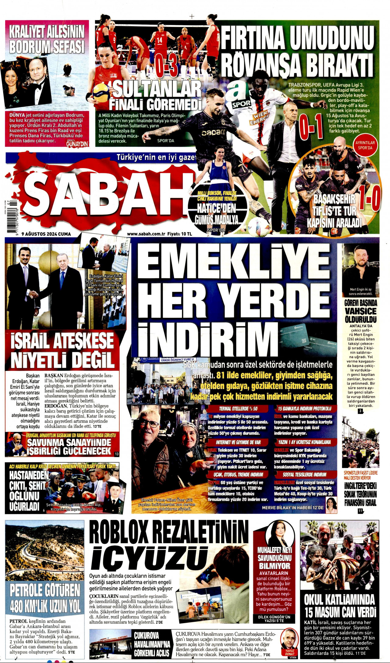 SABAH gazetesinin 9 Ağustos 2024 tarihli birinci sayfası