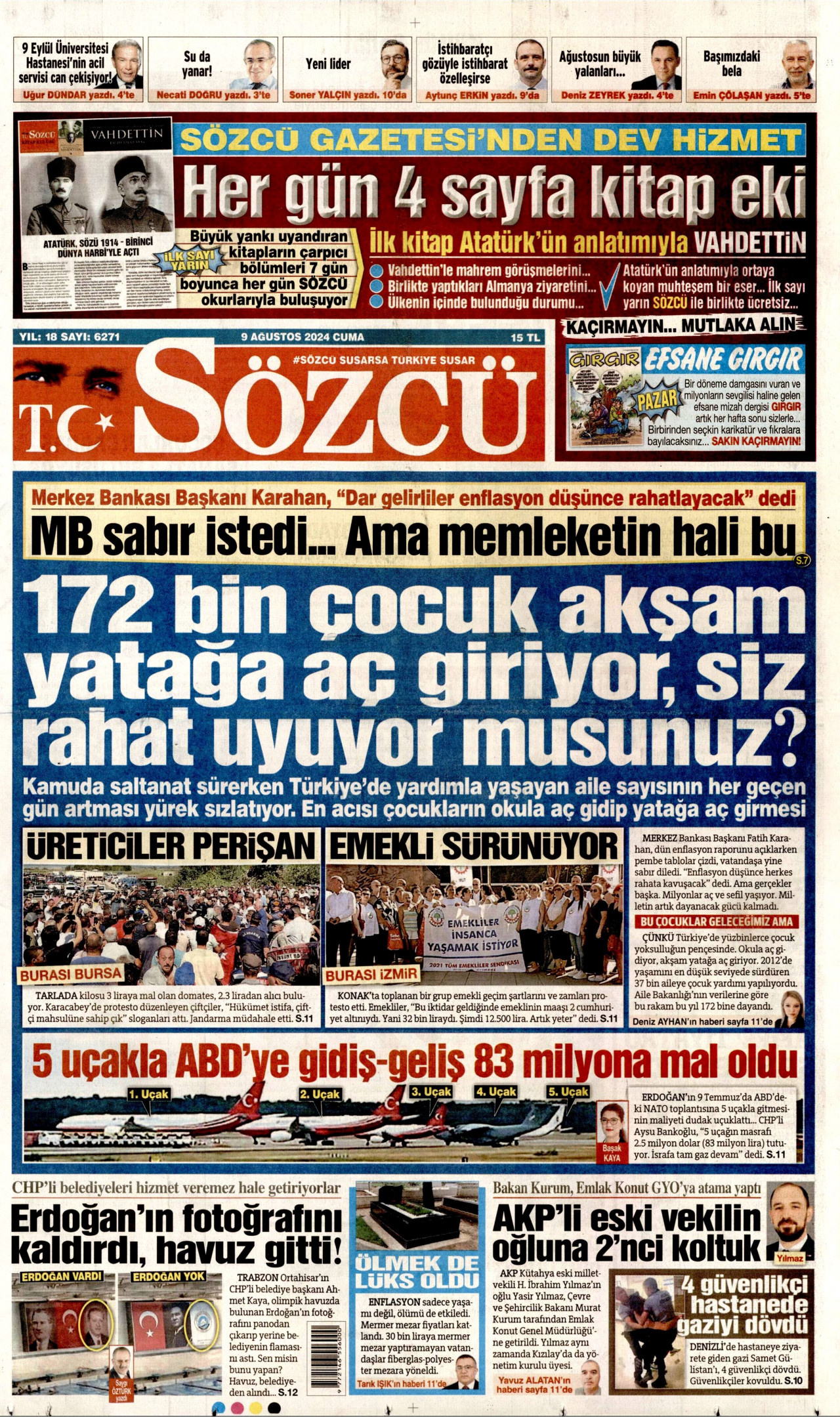 SÖZCÜ gazetesinin 9 Ağustos 2024 tarihli birinci sayfası