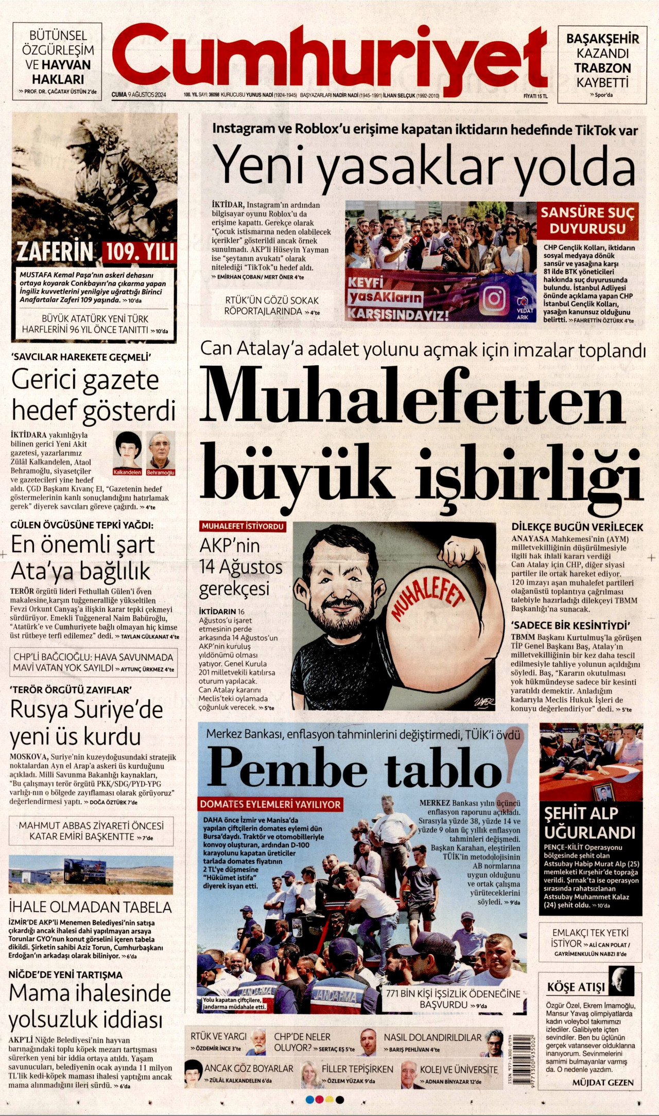 CUMHURİYET gazetesinin 9 Ağustos 2024 tarihli birinci sayfası