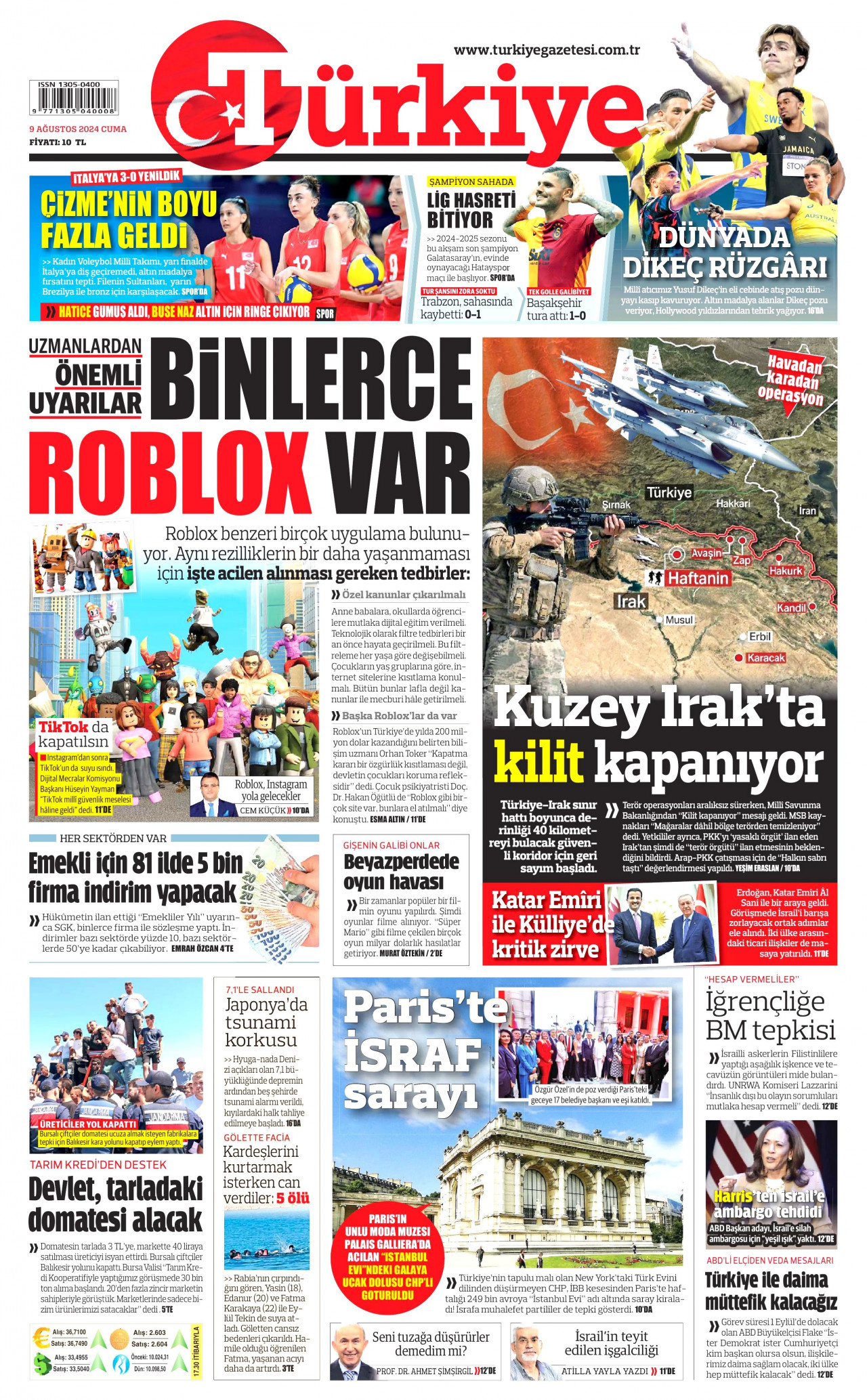 TÜRKİYE GAZETESİ gazetesinin 9 Ağustos 2024 tarihli birinci sayfası