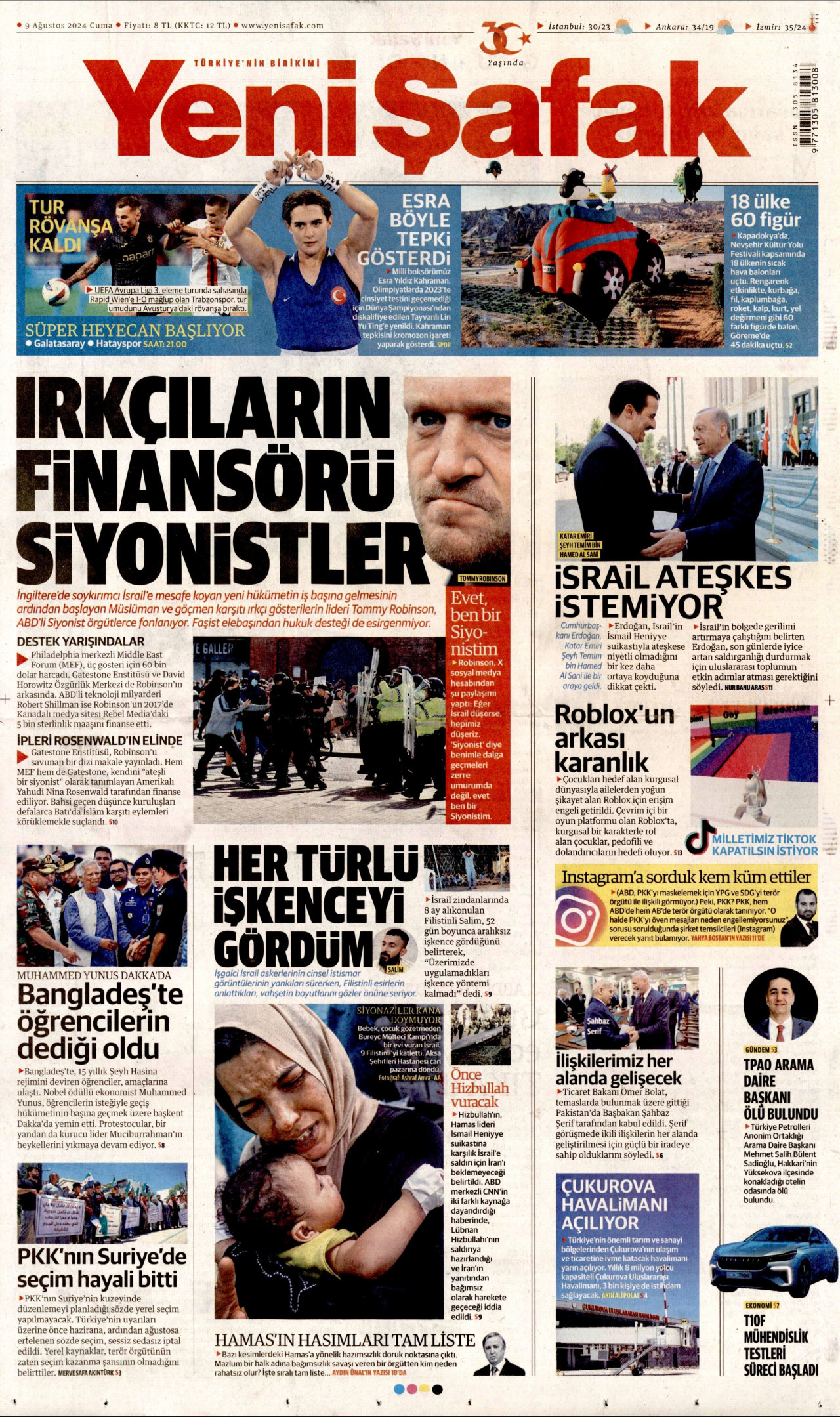 YENİ ŞAFAK gazetesinin 9 Ağustos 2024 tarihli birinci sayfası